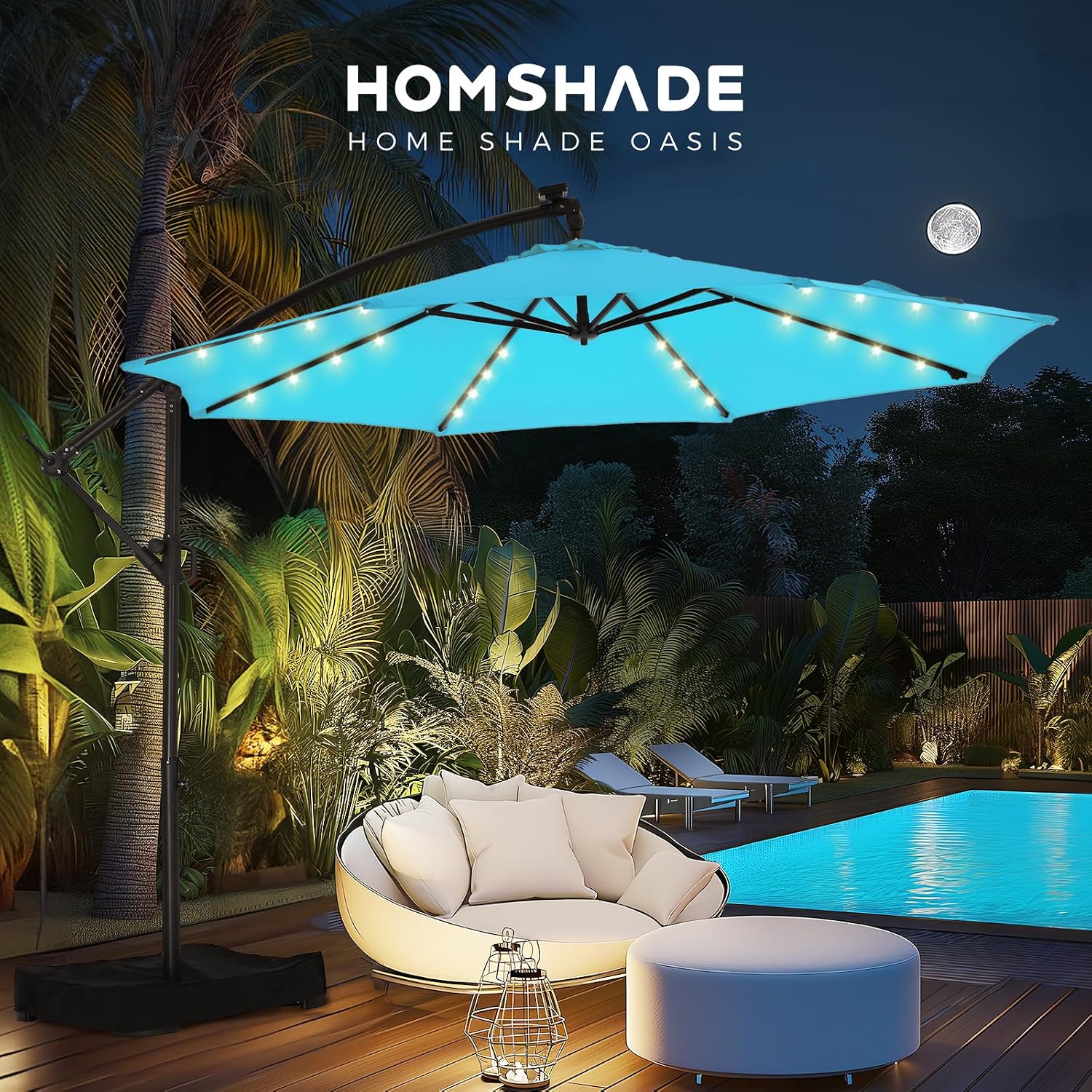 HOMSHADE 10ft Solar Lights Offset Cantilever Patio Umbrella - with Light and Base, LED Lighted Offset Hanging Patio Outdoor Market Umbrella UPF50+ UV Protection with Easy Tilt and Crank (Light Blue)