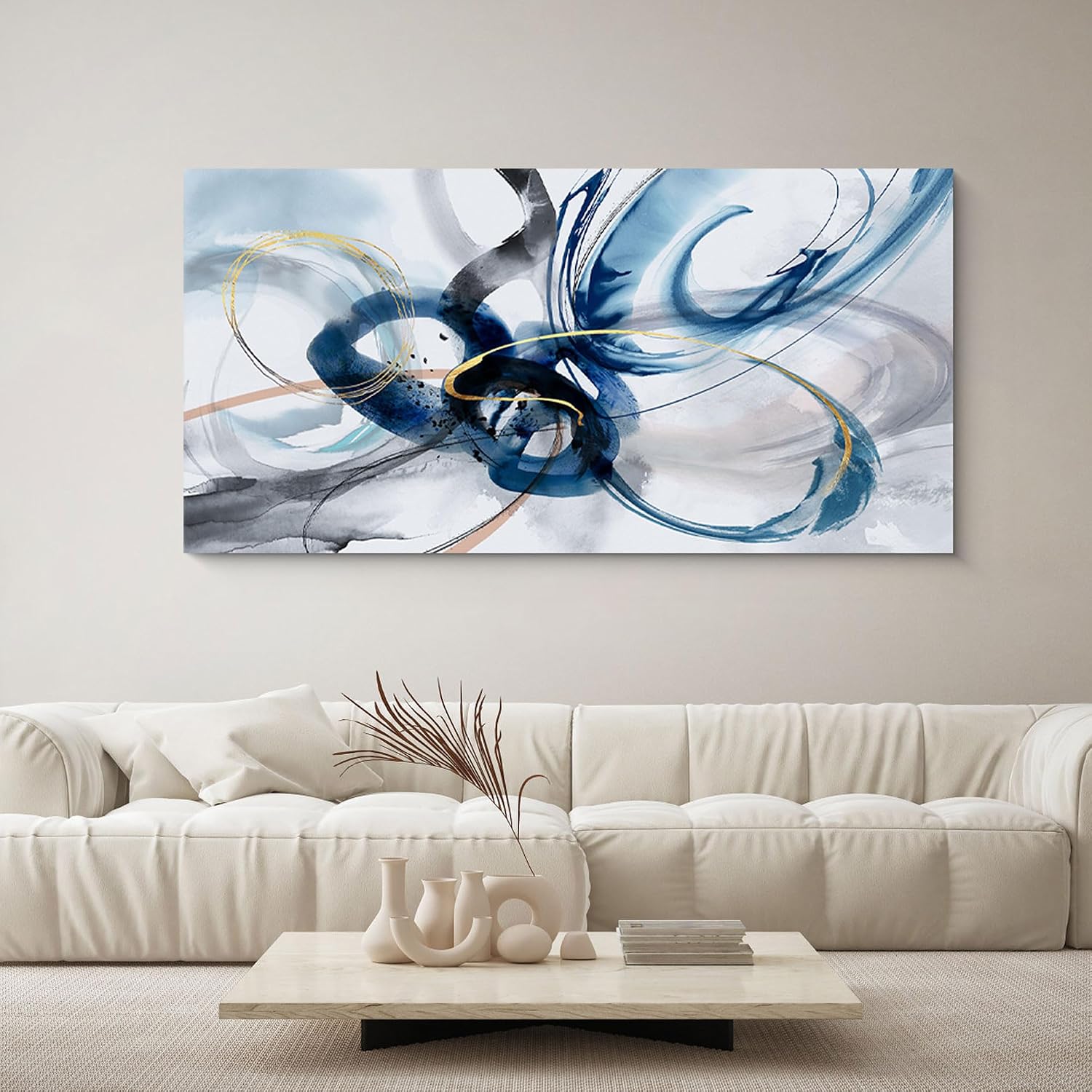 yiijeah Modern Large Abstract Wall Art - Bright and Bold Line Design - Blue and White Canvas Picture Artwork Wall art for living room and office Oversized Abstract wall Decor