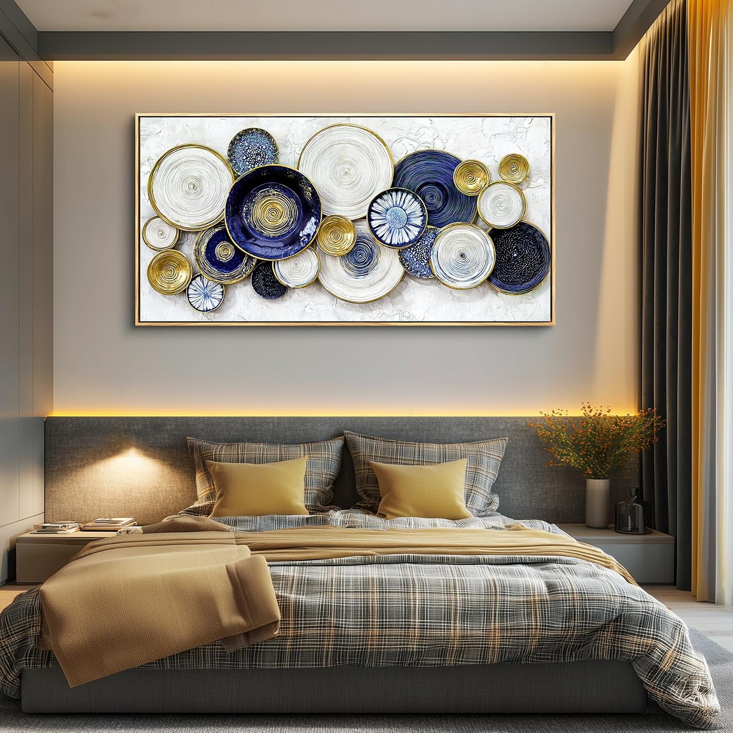 JUDASJART Large Wall Decor For Living Room Canvas Wall Art For Office Modern Wall Decorations For Bedroom Blue Swirl Gold Trim Landscape Painting Abstract Pictures Artwork Room Home Decor 24x48 In