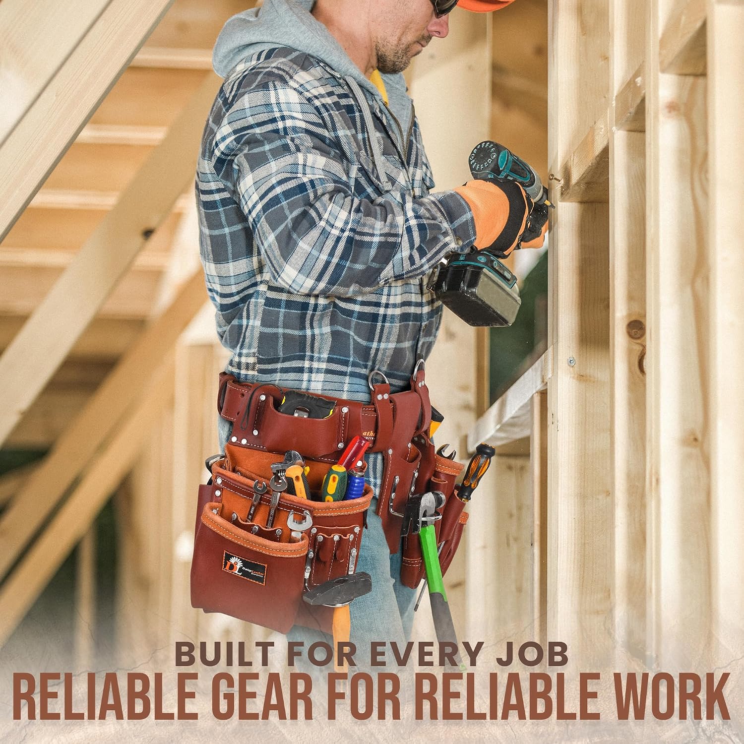 Daisy Leather PRO DL-101 Oil tanned Premium 25 pockets Heavy duty Tool Belt, Carpenter belt Pouch for Construction, Carpenter, Craftsman and Electricians workers, Black, X-Large (Cherry Leather)