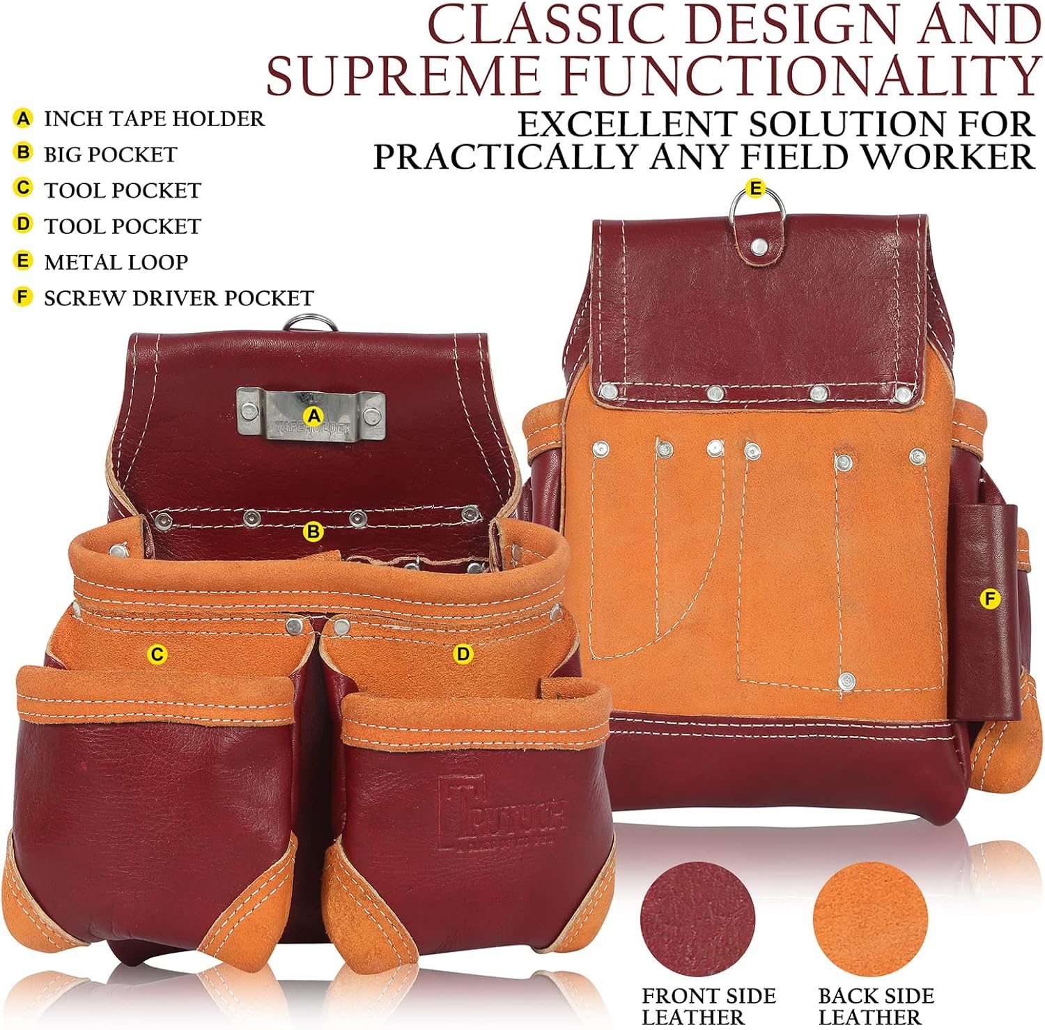 Grain Leather Tool Belt | Tool Rig Set | Tool Pouch | Drywall | Carpenter Tool Bag | Leather Tool Belts for Men | Construction | Framers | Electrician (Maroon)