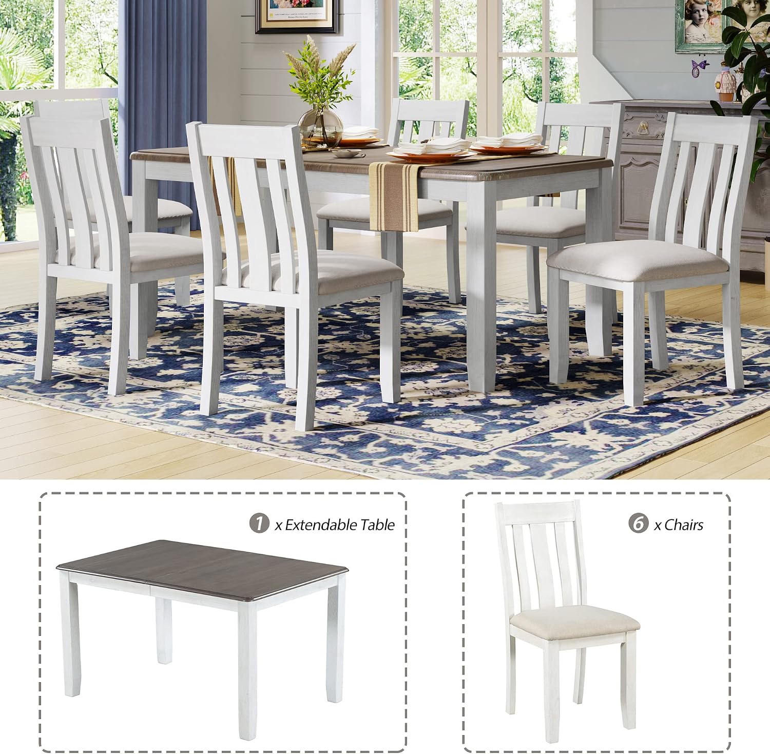 Rustic 7-Piece Kitchen Dining Table Set, Retro Solid Wood Dining Table Set for 6, Rectangle Extendable Table with 6 High Back Upholstered Chairs for Kitchen Dining Room