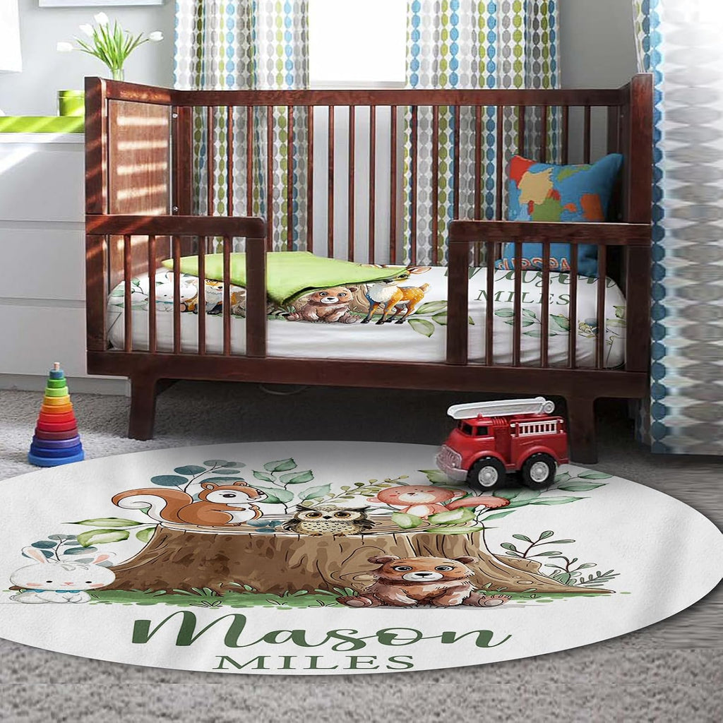 Personalized Baby Crib Bedding Set for Baby Boys Girls, Animal Stump Pattern Custom Name Baby Crib Sets 5-Pcs, Toddler Double Layer Blanket Fitted Sheets Changing Pad Cover Rug Wall Art Set