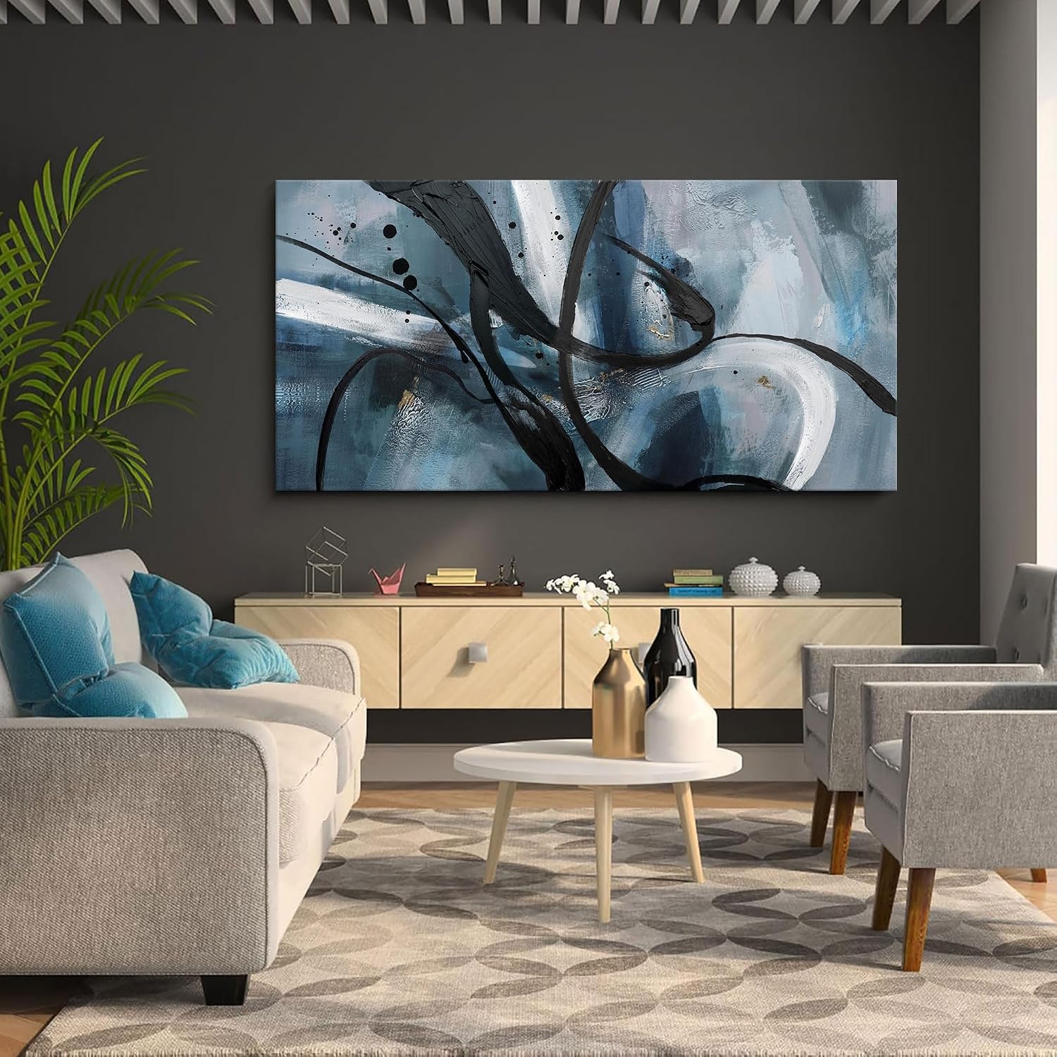 Abstract Frame Wall Art Black and White graffiti of Modem Minimalist Art Large Canas Wall Art for Living Room Bedroom Decor Framed Pictures Artwork for Walls 29x58
