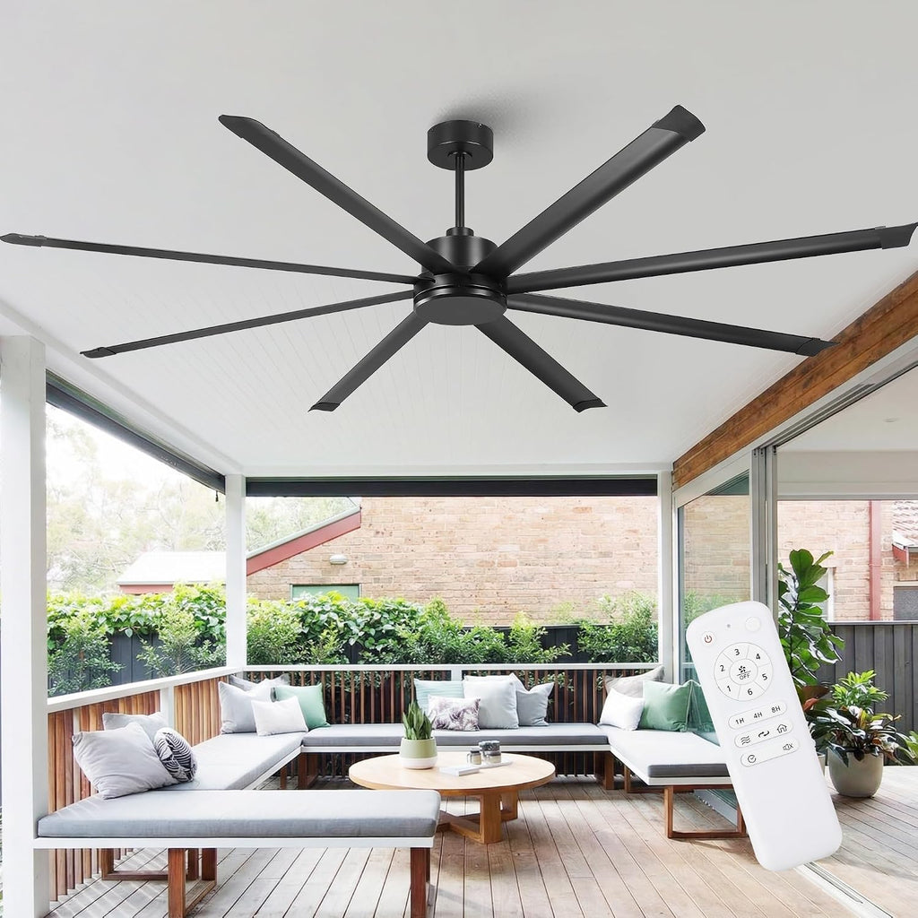 100 Inch Ceiling Fans without Lights, Big Industrial Black Ceiling Fan No Light with Remote Control, High Airflow Quiet Reversible DC Motor, 8 Aluminum Blades, Commercial Fan for Shop Gym Warehouse