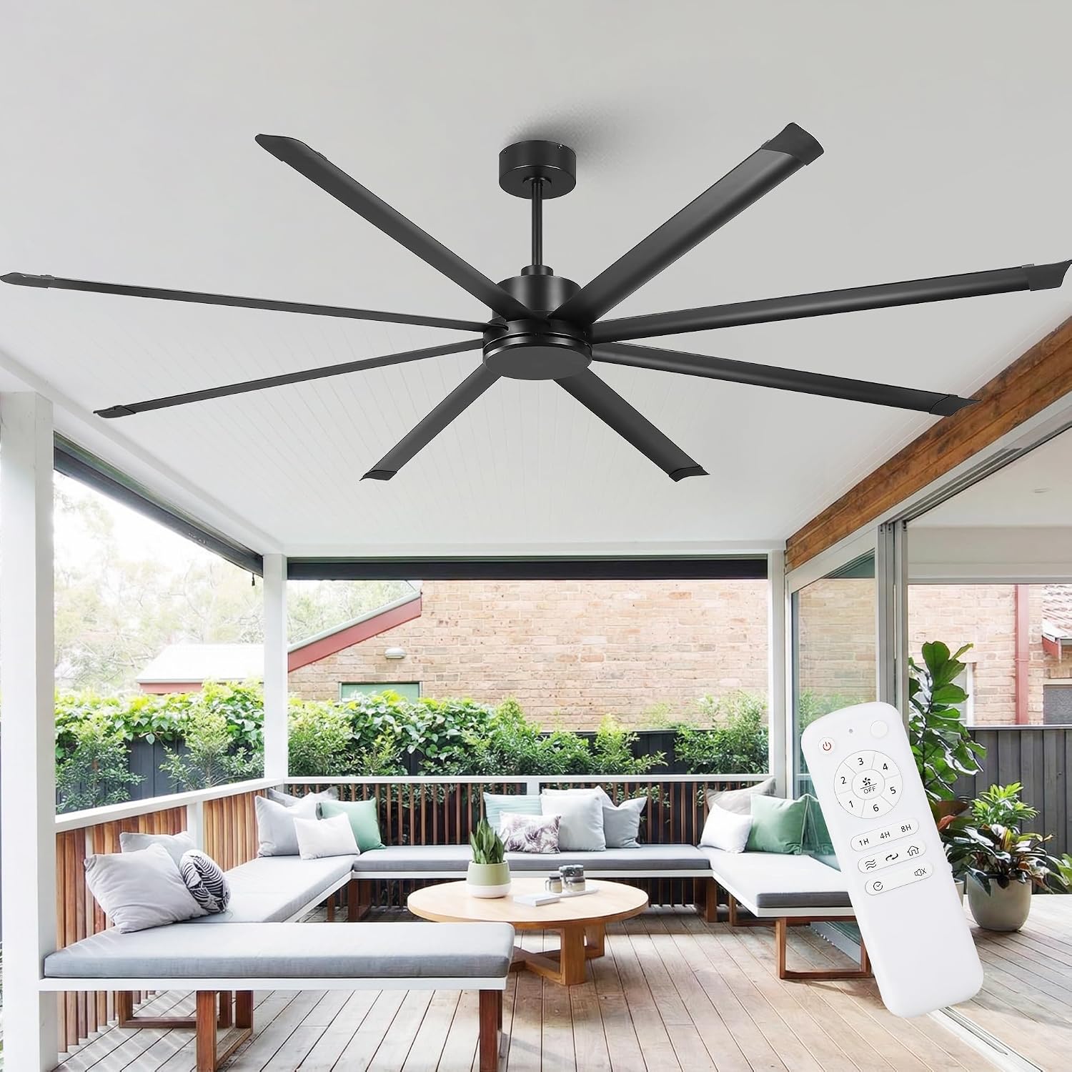 100 Inch Ceiling Fans without Lights, Big Industrial Black Ceiling Fan No Light with Remote Control, High Airflow Quiet Reversible DC Motor, 8 Aluminum Blades, Commercial Fan for Shop Gym Warehouse