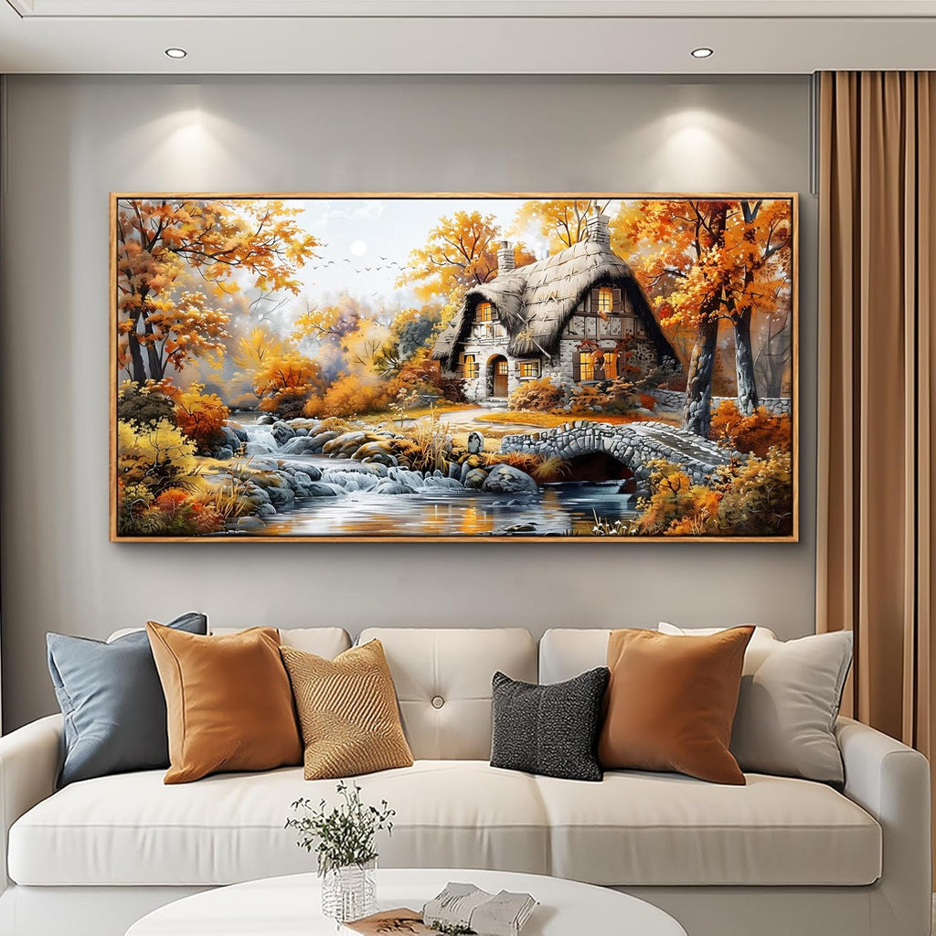 QIYILEXWART Canvas Wall Art For Living Room Large Wall Decor For Office Bedroom Decorations Autumn Cottage River Landscape Pictures Farmhouse Painting Artwork Room Wall Mural Aesthetic Home Decor 30x60 In
