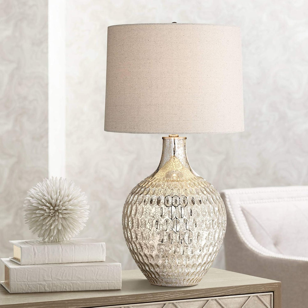 360 Lighting Waylon Modern 3-Way Table Lamp 28' Tall with Table Top Dimmer Mercury Glass Dimpled Textured Off White Drum Shade for Bedroom Living Room House Home Bedside Nightstand