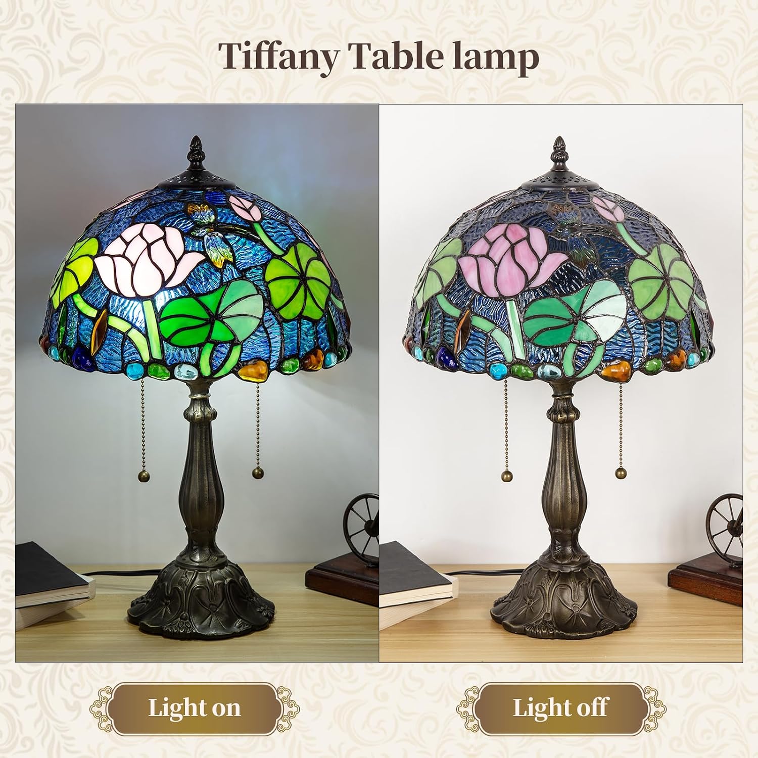 Tiffany Table Lamp, Flower Stained Glass Lamp,12 Inch Tiffany Style Lamp for Bedroom Living Room Home, Handcrafted Light, Included Bulb