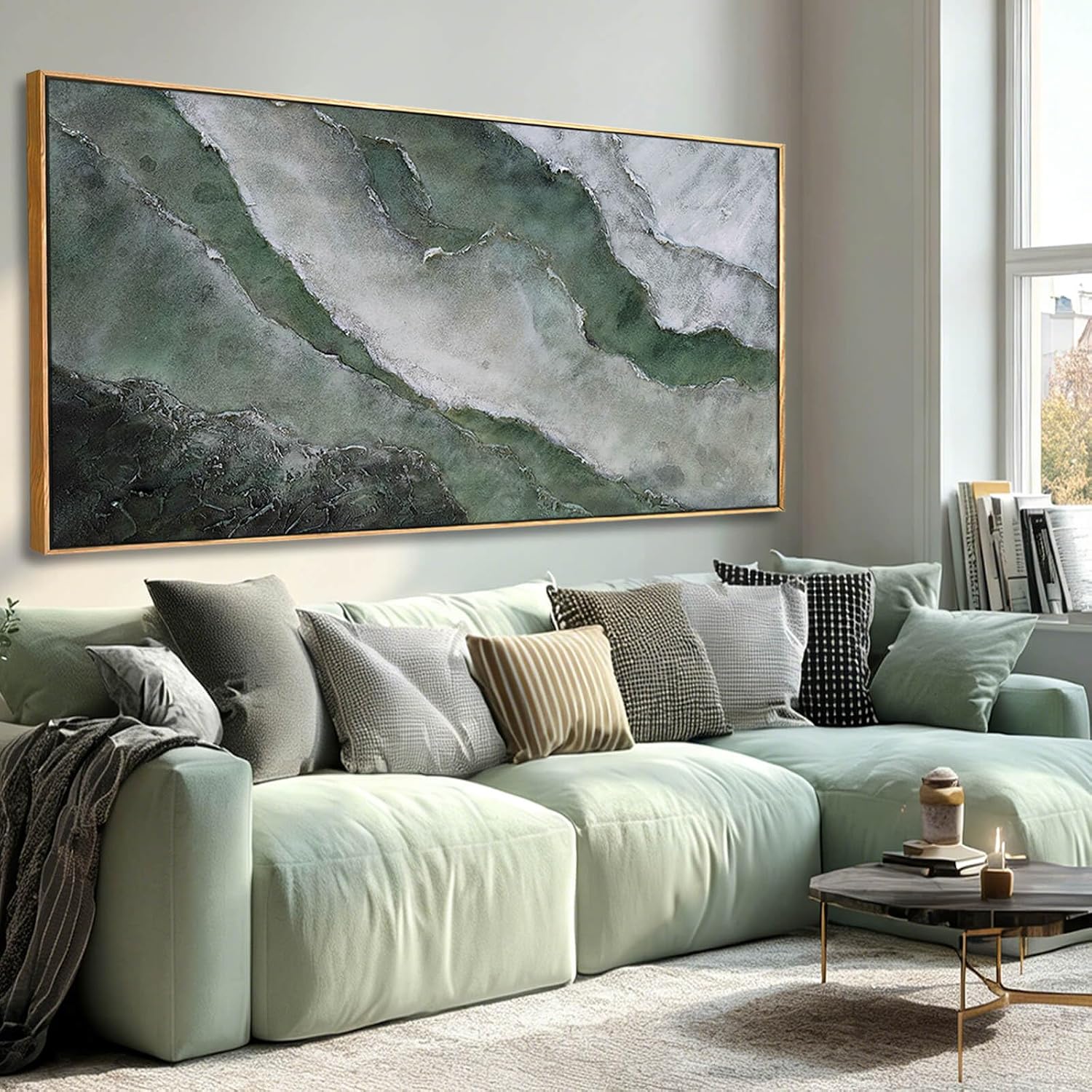 Green and White Abstract Wall Art 29x58 Inch, Large Framed Canvas Painting with Wooden Frame, Modern Abstract Wall Decor for Living Room Bedroom Dining Room or Office