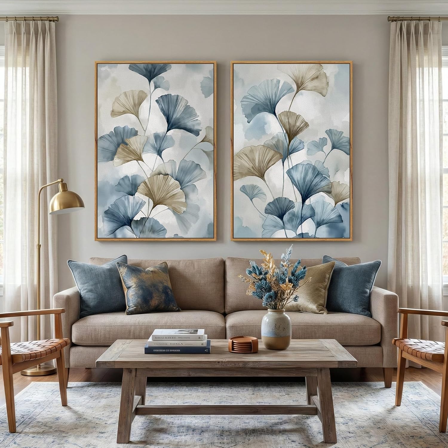 Large Framed Blue Botanical Wall Art Set of 2, Neutral Minimalist Canvas Paintings Prints, Watercolor Pastel Pictures Artwork for Modern Farmhouse Living Room Bedroom Kitchen Wall Decor, 24x36 Inch