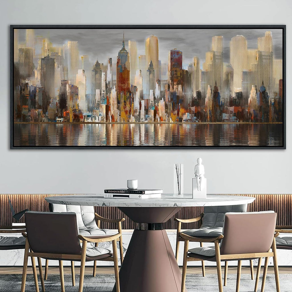 Framed Large Cityscape New York Wall Art Canvas Prints Abstract Brown City Theme Paintings Modern Canvas Wall Art for Living Room Pictures Wall Decor Bedroom Big Size 40x87