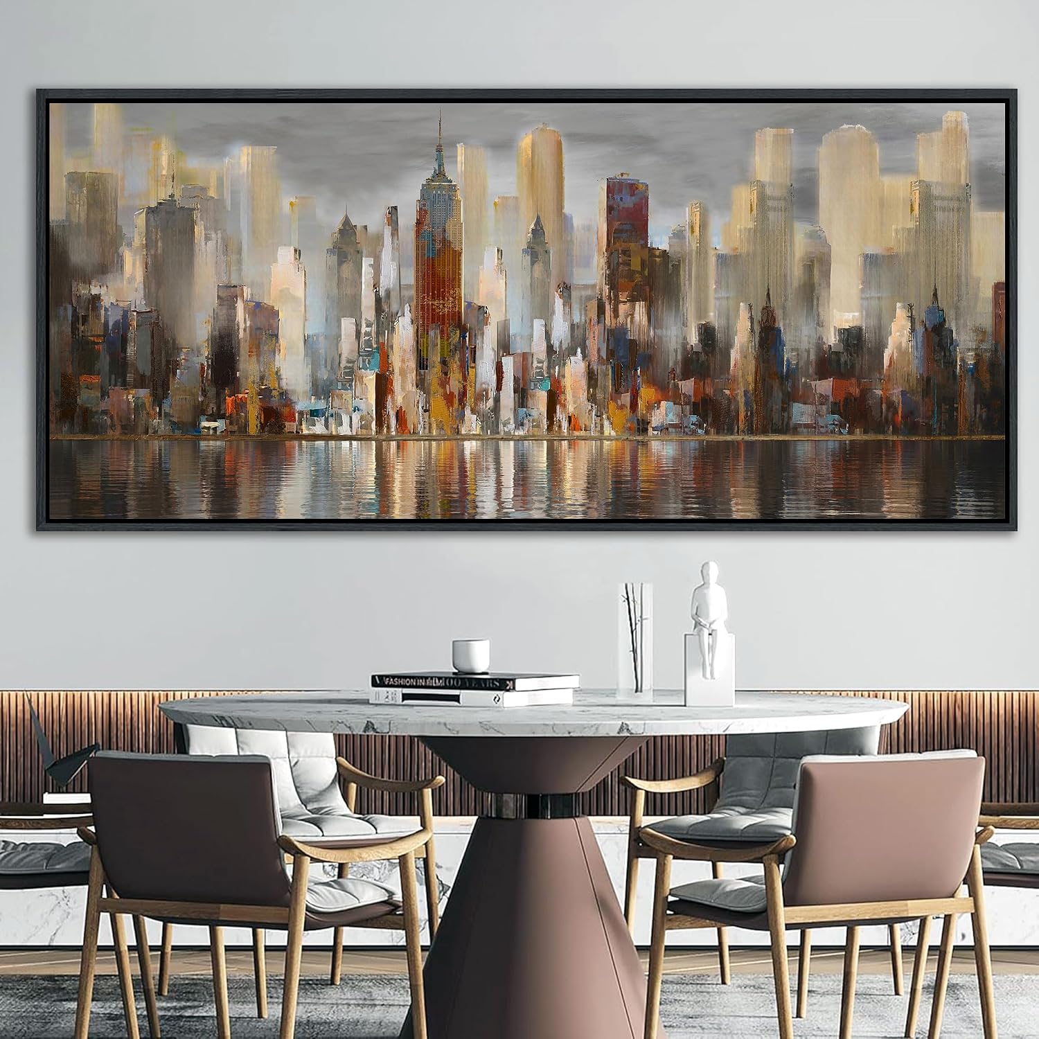 Framed Large Cityscape New York Wall Art Canvas Prints Abstract Brown City Theme Paintings Modern Canvas Wall Art for Living Room Pictures Wall Decor Bedroom Big Size 40x87