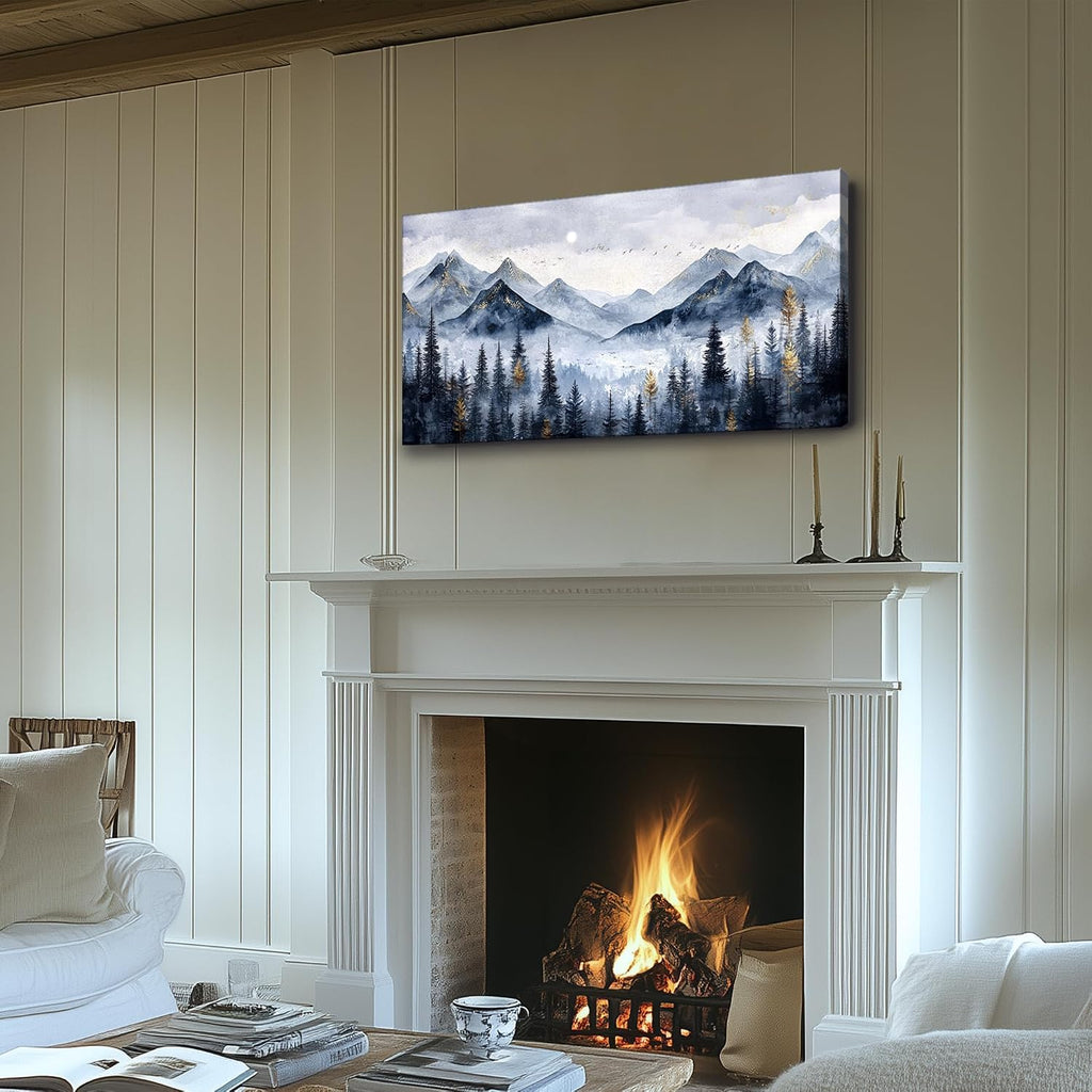 SERIMINO Mountain Landscape Large Wall Art, Misty Forest Canvas Prints, Blue Gold Watercolor Pine Tree Paintings Wall Decor Living Room Bedroom, Natural Scenery Office Decor Pictures 29'X57'
