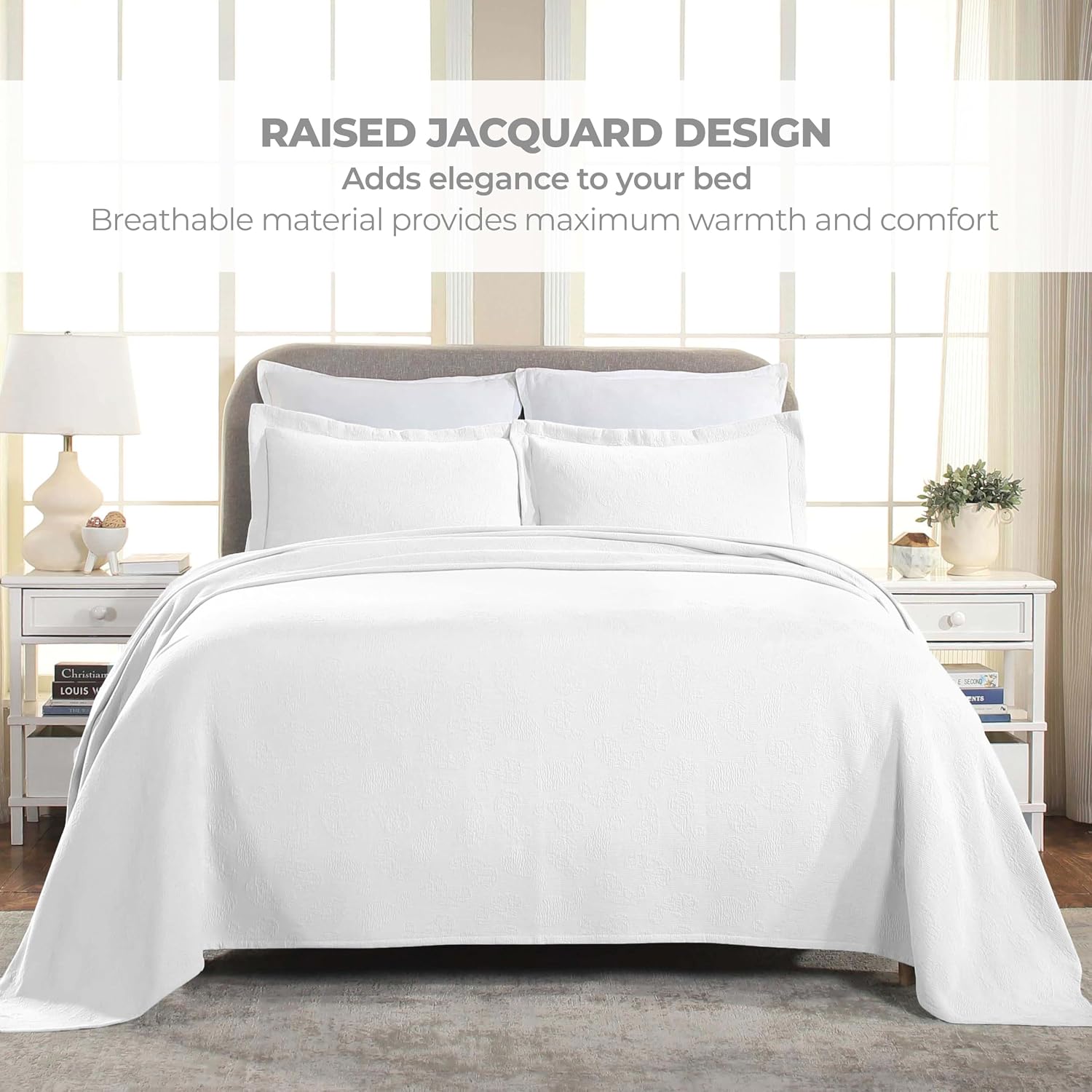 Superior Paisley Cotton 3 Piece Bedspread Set, Home Bed Decor, Decorative Textured Bed Spread, 2 Pillow Shams, Airy Blanket, Matelasse Coverlet Bedding, Vintage Floral Design, Full, White