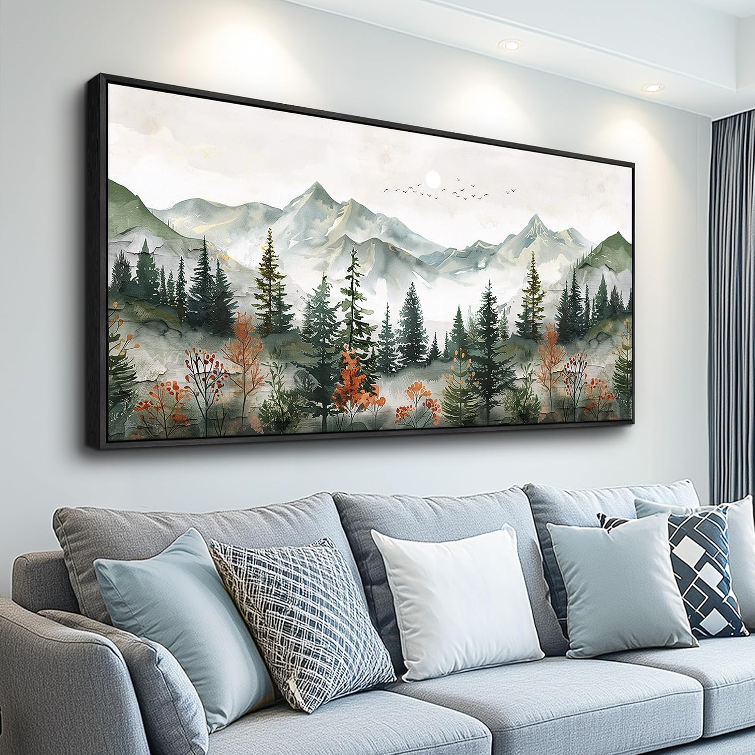 ZUITINGHUA Large Black Framed Wall Decor For Living Room Canvas Wall Art For Office Wall Decorations For Bedroom Forest Mountain Landscape Painting Modern Pictures Artwork Home Decor 24x48 In