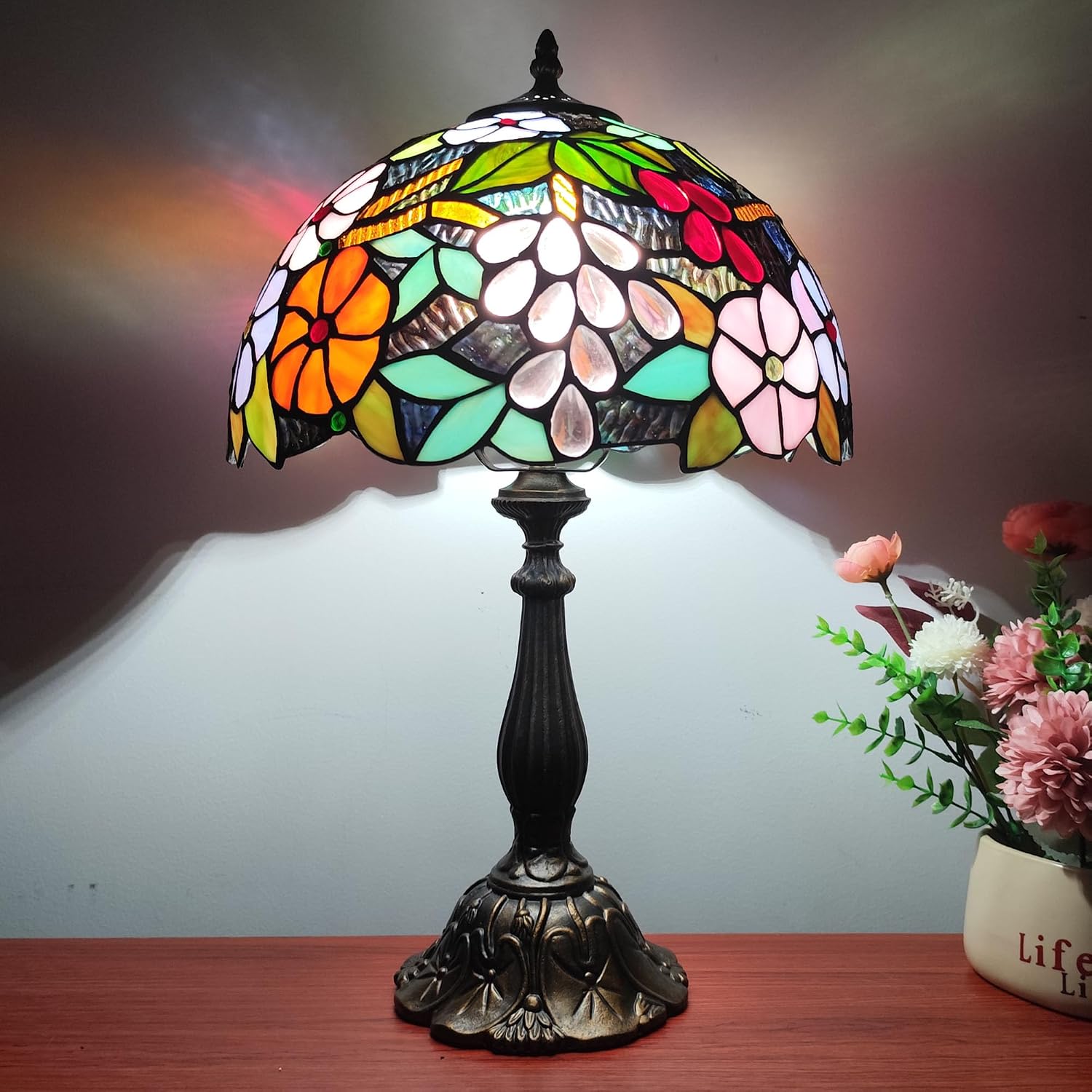 Tiffany 3-Color Stained Glass Lamp - Vintage Beside Reading Lamp, 12 inch Living Room Light, Flowers Style Antique Nightstand Light (Grapes Flowers)