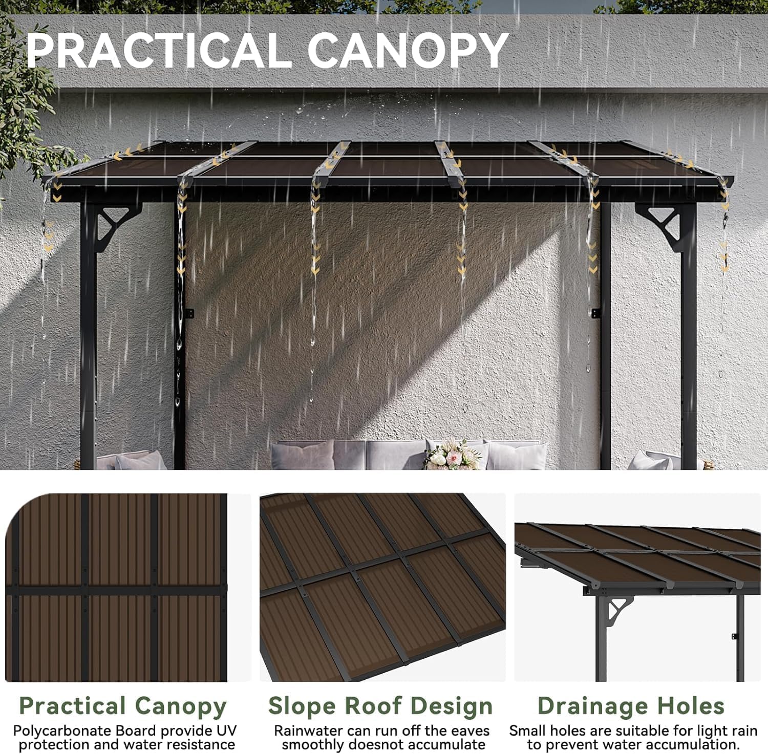 Aoxun 8' x 10' Gazebo for Patio, Wall-Mounted Heavy Duty Awning Pergola with Sloped Roof, LED Outdoor Waterproof Hanging Lights, Perfect for Backyard, Deck and Patio