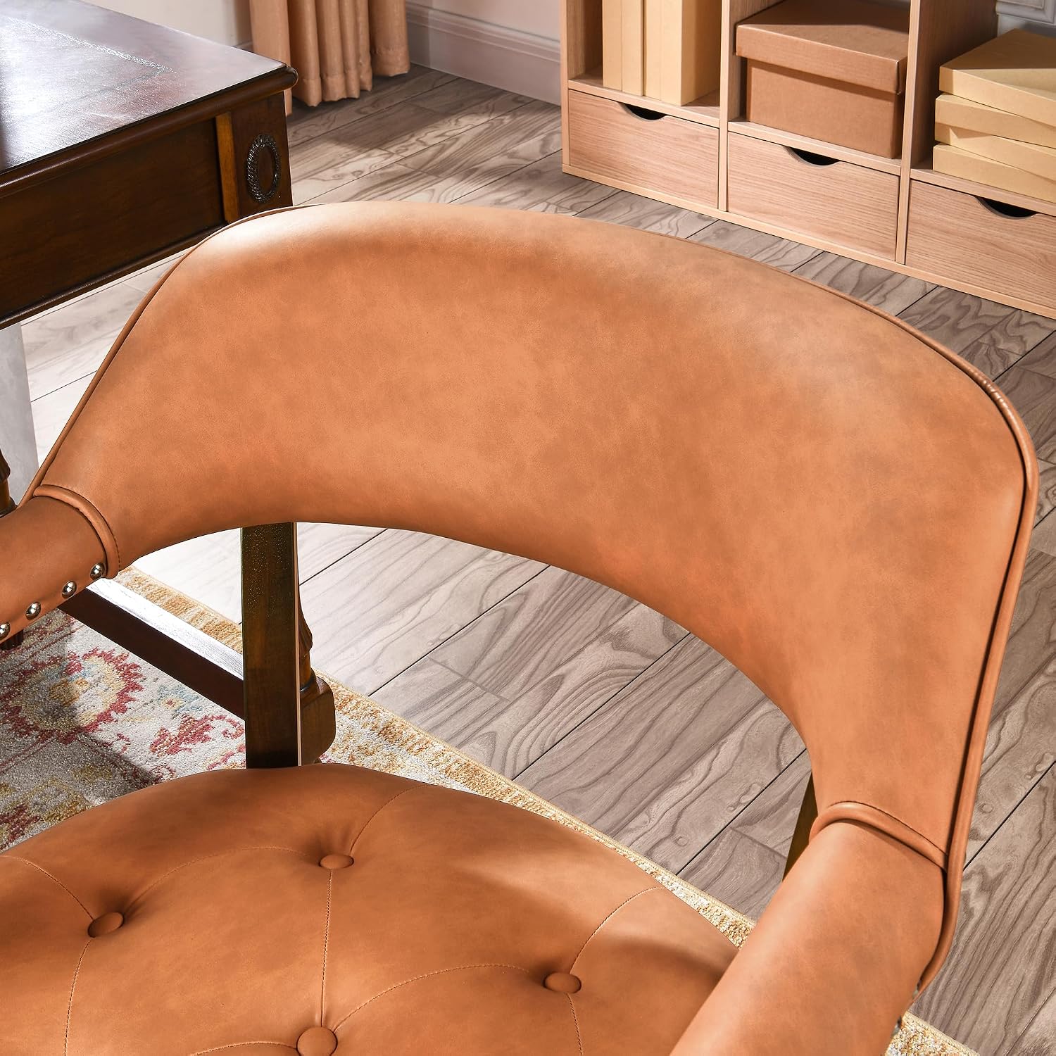 Dining Chairs with Upholstered,Office Desk Chair with Arms and Metal Rivets. PU Boss Captain's Chairs,Classic Accent Stools for Dining Room, Bedroom Brown Legs & Orange NX173-318OR