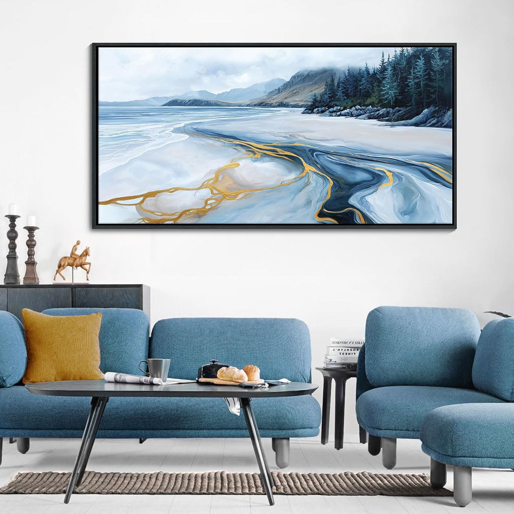 Blue and Gold Abstract Wall Art - Ocean Beach Pictures for Living Room Coastal Bedroom Paintings for Wall Decor Framed Landscape Artwork for Walls large Modern Decoration 24×48IN