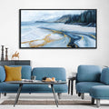 Blue and Gold Abstract Wall Art - Ocean Beach Pictures for Living Room Coastal Bedroom Paintings for Wall Decor Framed Landscape Artwork for Walls large Modern Decoration 24×48IN