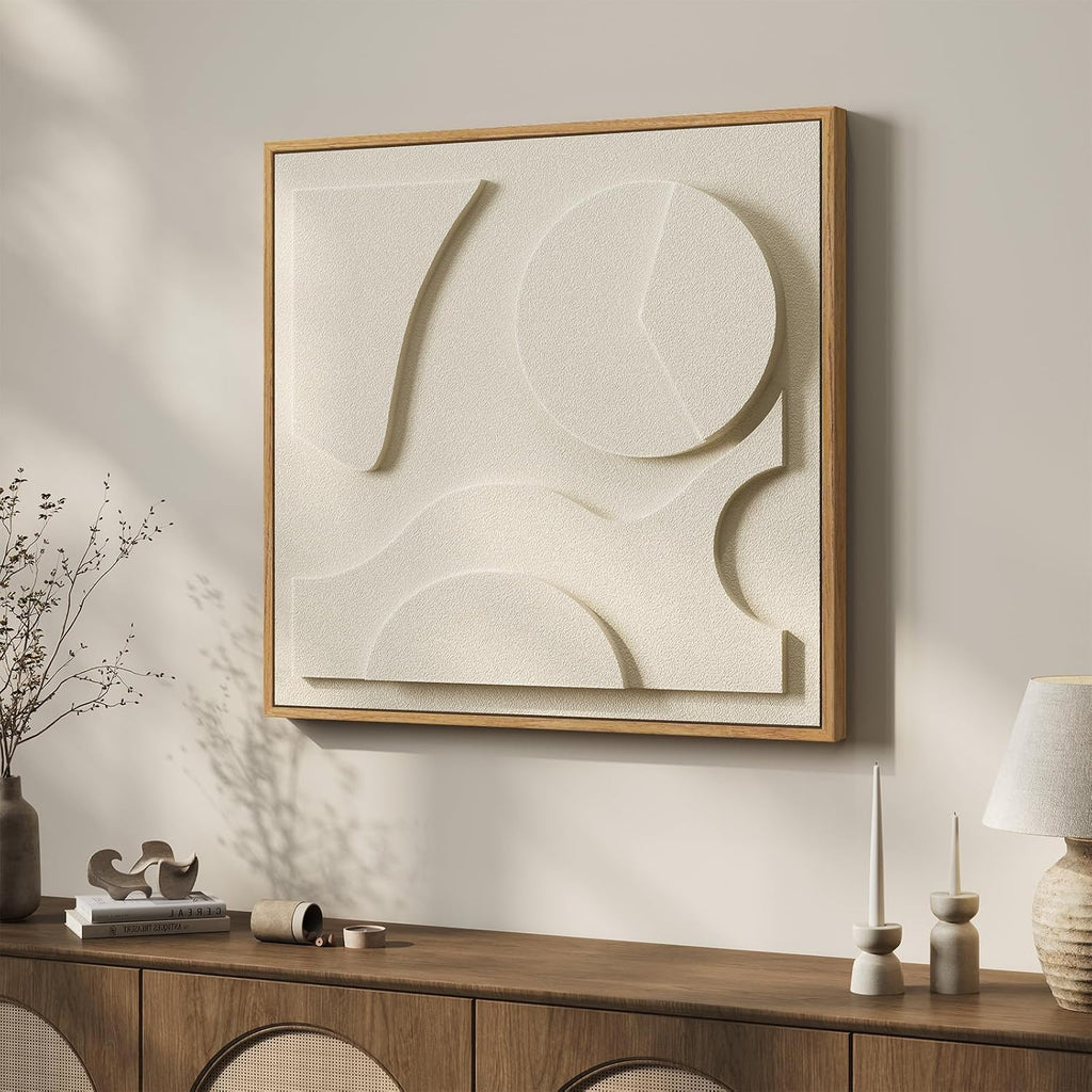 Large 3D Textured Framed White Abstract Wall Art, Square Modern Paintings Artwork for Walls, Minimalist White Geometric Block Pictures for Living Room Bedroom Office Hallway Wall Decor 30x30 In