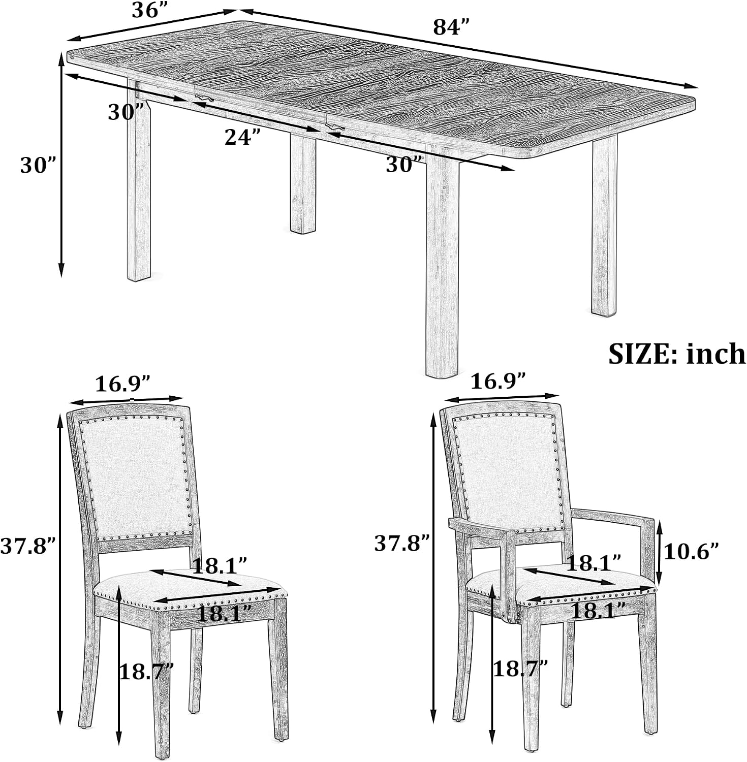 9-piece Rustic Extendable Dining Table Set with 24'' Removable Leaf, 6 Upholstered Rivet Decoration Armless Dining Chairs and 2 Arm Chairs, Wood Kitchen Dining Set for 8, Curved Top (Natural-9S)
