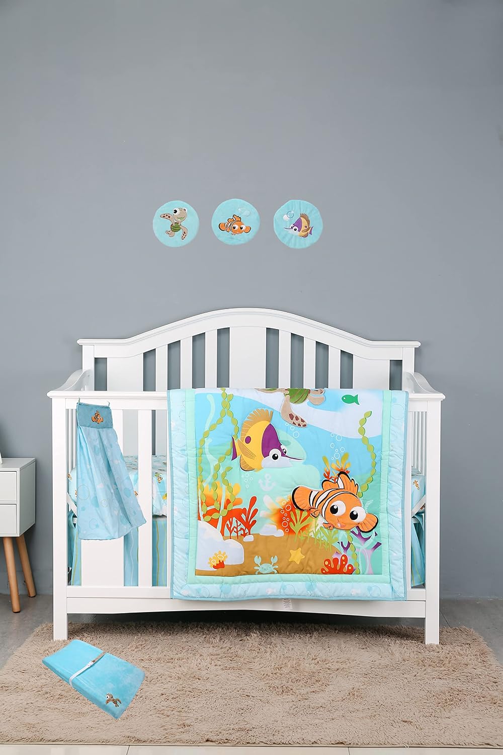 8 PCs Blue Ocean Themed Nursery Crib Bedding Set Baby Boy 1 Quilt 1 Fitted Sheet 1 Skirt 1 Diaper Organizer 1 Changing Pad Cover Sheet 3 Canvas Wall Decor