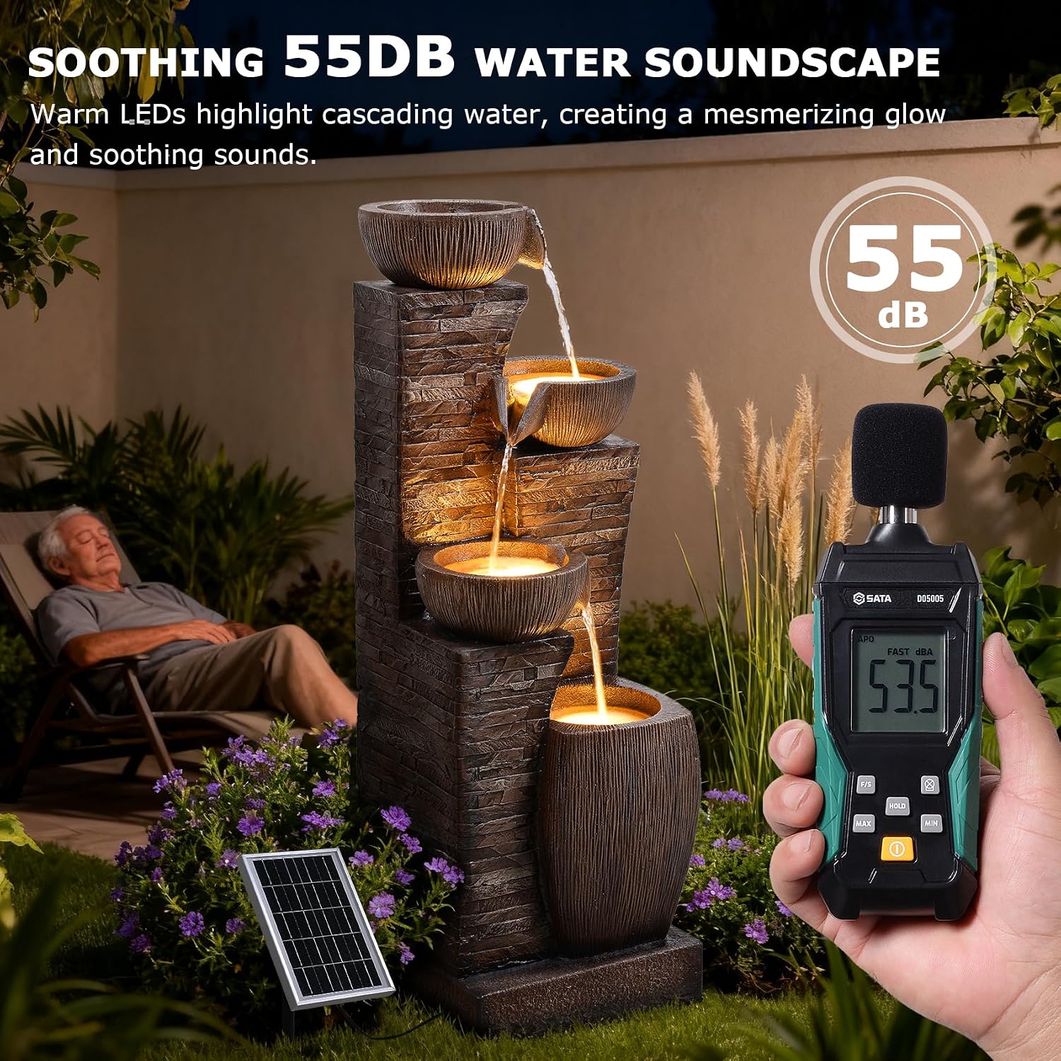 38.2' Tall Solar Powered Water Fountain for Outdoor,4 Tiers Modern Cascading Bowls and Stacked Stones Solar Fountains with LED Lights for Garden, Patio, Deck, Backyard and Home Art Decor