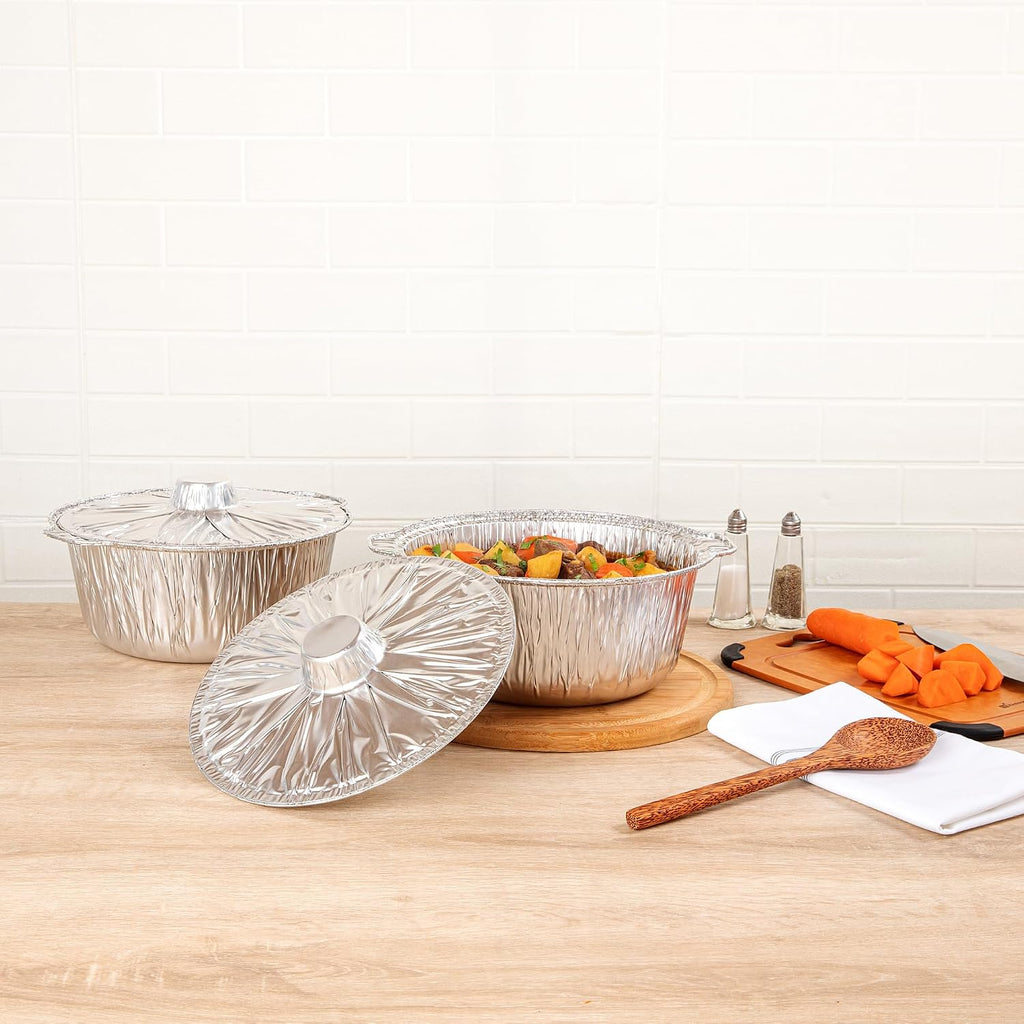 Foil Lux 3.5 Quart Pans And Lids, 100 Disposable Pots With Lids - Oven-Ready, Stove Compatible, Aluminum Foil Baking Pans, Freezable, For Outdoor Camping, Vacation, Picnic, And More - Restaurantware