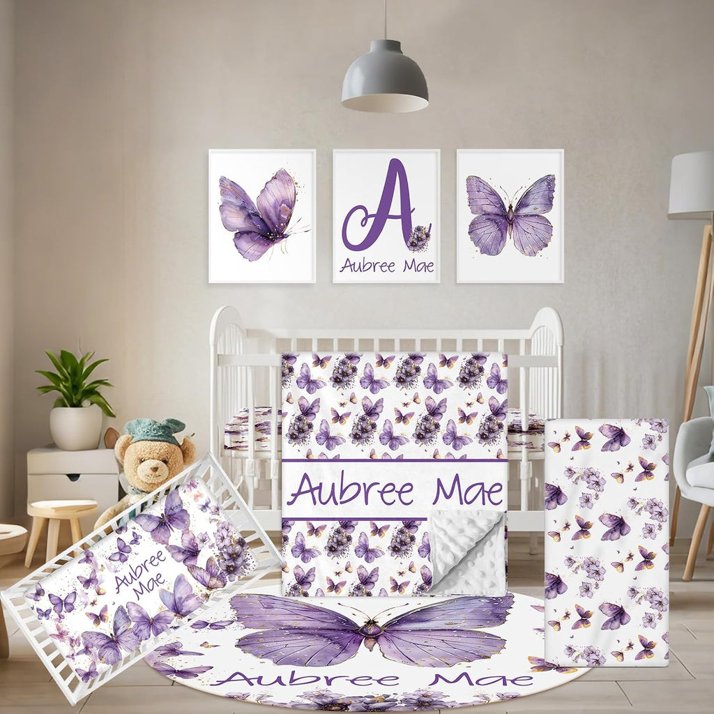 Terwex Personalized Baby Bedding Set, 5 Pcs Custom Toddlers Bedding Set with Infant Name, Soft Double Layer Nursery Crib Set for Girls Boys, Customized Infants Gifts for Baby Shower, Purple Butterfly