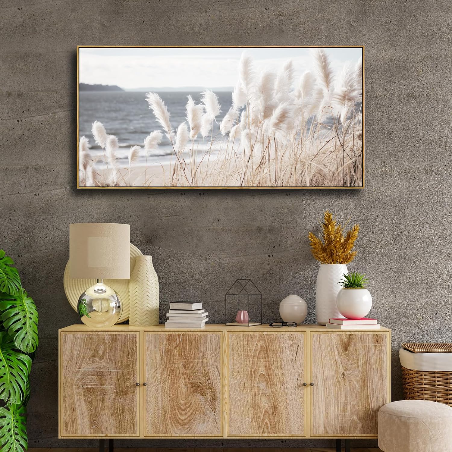 Framed Wall Art Artwork Decor Nature Canvas Painting ReedSeascape Wall Decor for Bedroom Living Room Decoration Home Kitchen Office 24' x 48'