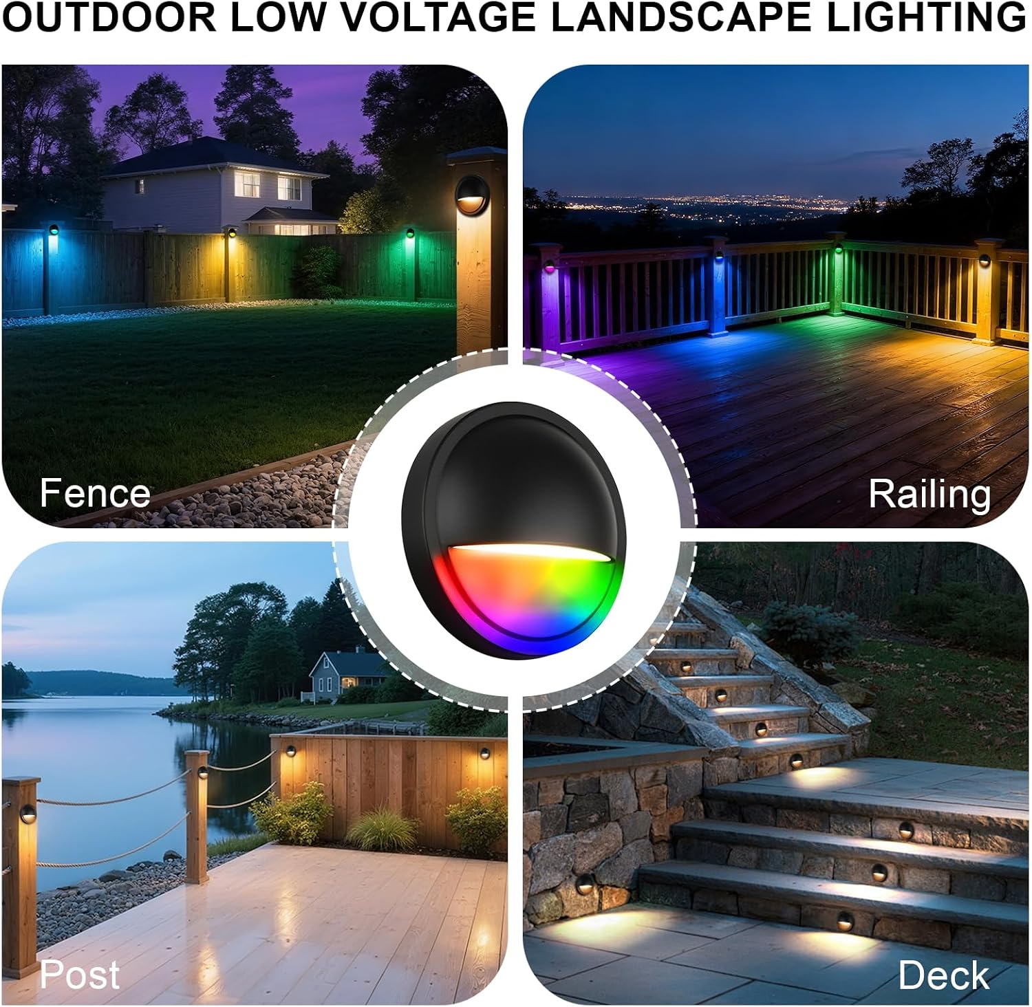 Outdoor RGB Fence Lights Wired, 3W 12V Wired LED RGB Color Changing Low Voltage Fence Lights for Outdoor Deck Post Stair Step Railing, IP65 Waterproof, ETL, Black, 12PK