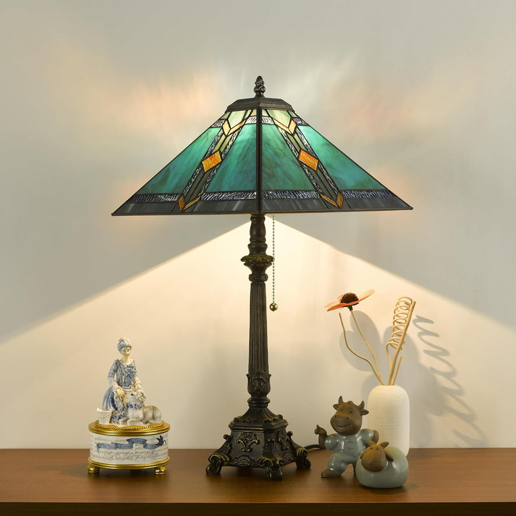 Tiffany Table Lamps Blue Stained Glass Striped Checkered Style Mission Desk Lamp 12X12X24 Inch Bronze Resin Base