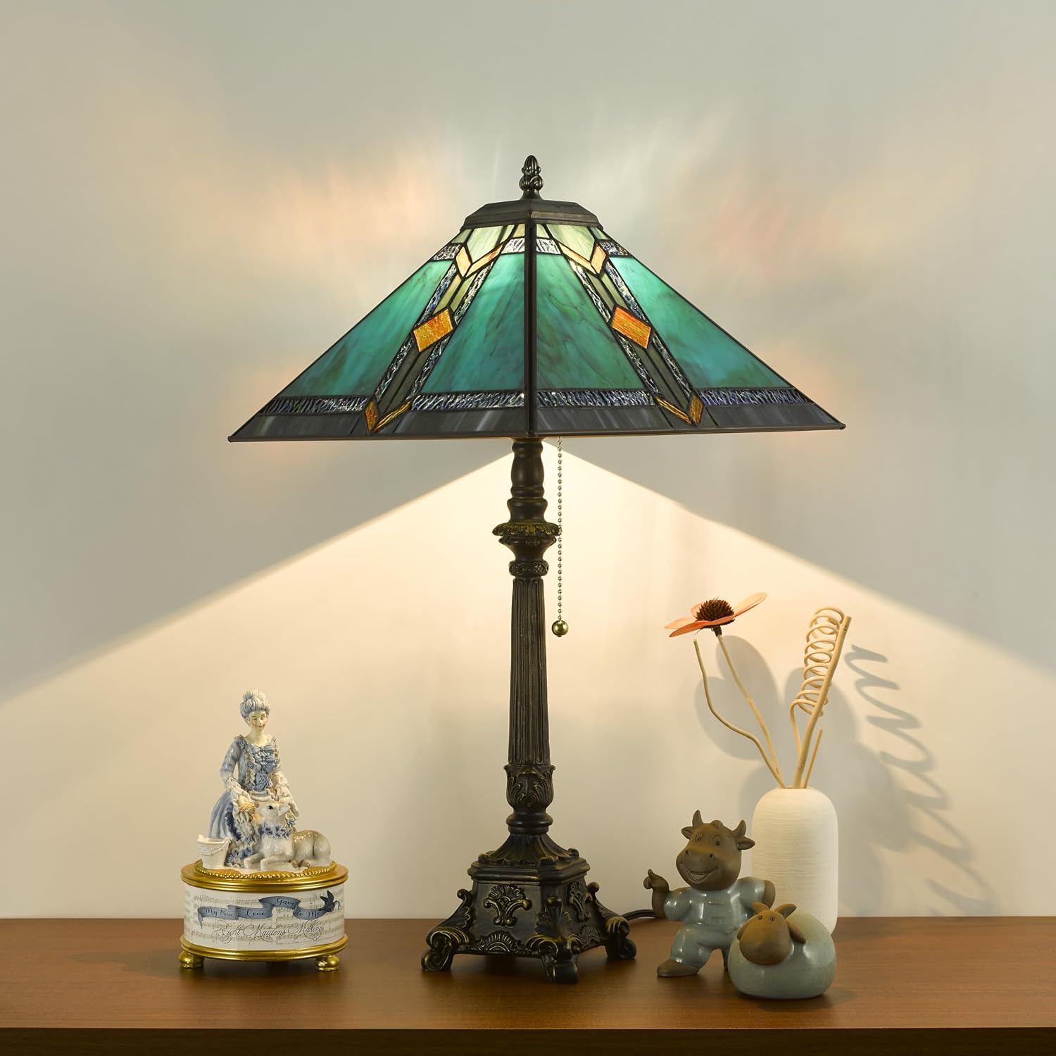 Tiffany Table Lamps Blue Stained Glass Striped Checkered Style Mission Desk Lamp 12X12X24 Inch Bronze Resin Base