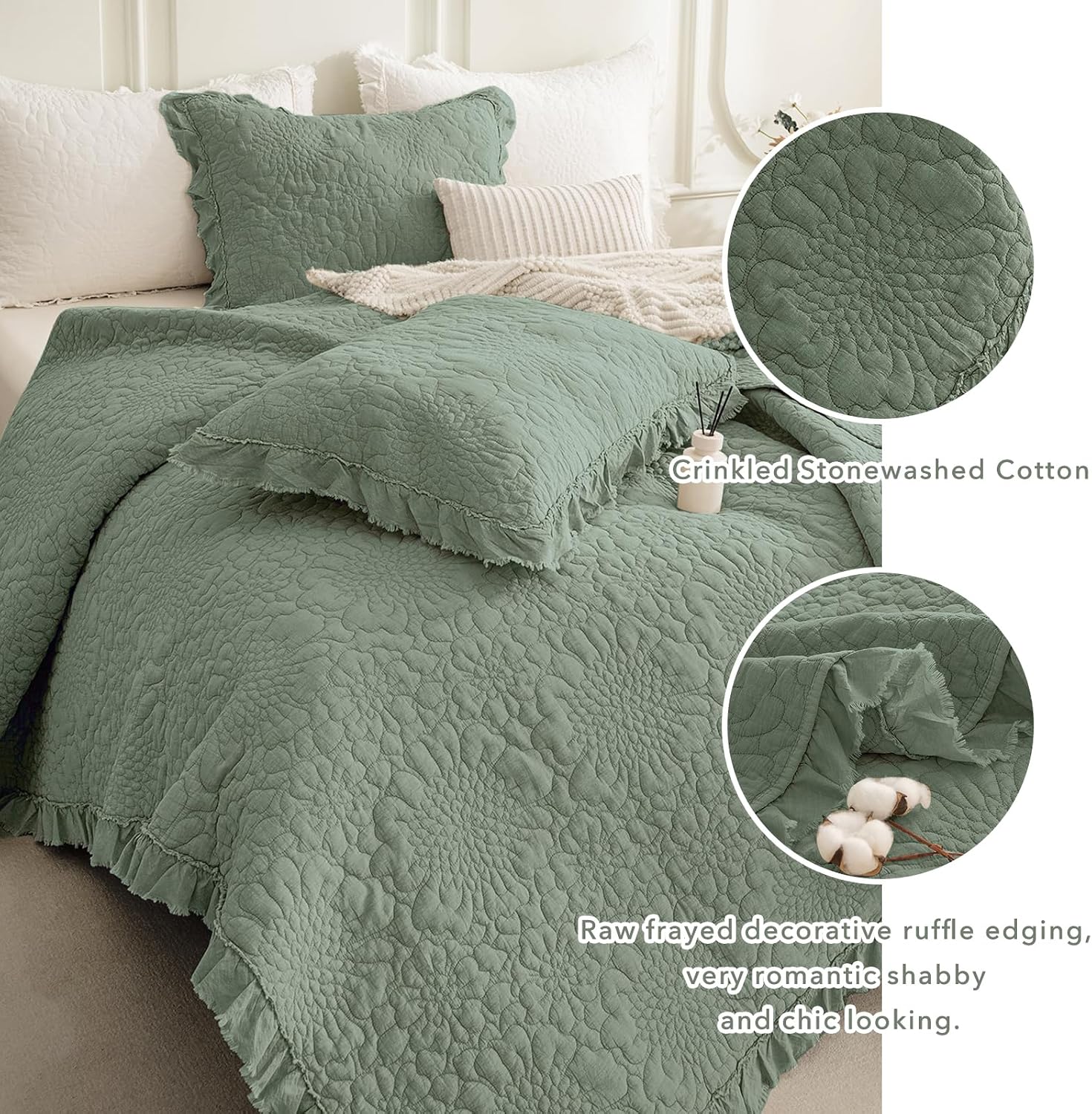 QSH 3PCs Green Oversized King Quilt Bedspread Set(120'x120'),Stonewashed Cotton Ruffled Quilt California King,Ultra Soft Lightweight Crinkled Shabby Bedspread Coverlet Bed Set for All Seasons
