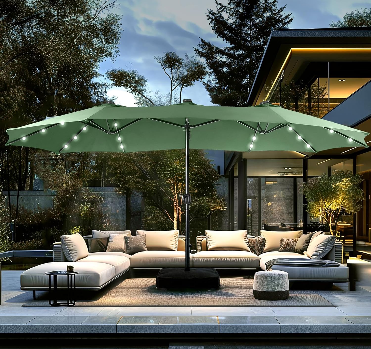 PHI VILLA 15ft Large Patio Umbrella with Solar Lights, Double-Sided Outdoor Market Rectangle Umbrellas with 36 LED Lights, Umbrella Base (Stand) Included, Mint Green