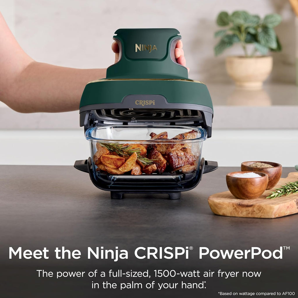 Ninja Crispi 5-in-1 Glass Air Fryer | With Nontoxic 2.5 QT, 4QT, 6-Cup Containers & Lids | Microwave, Freezer & Dishwasher Safe | 450°F Max Temp | Green | FN103BF