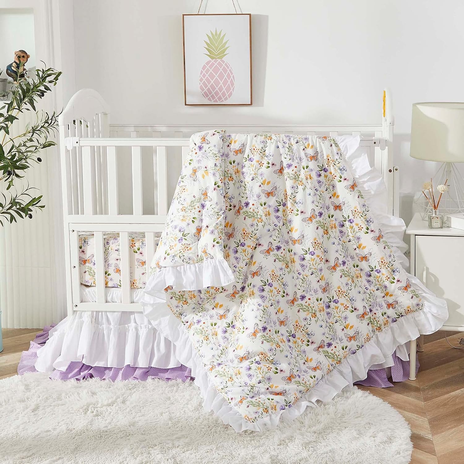 Brandream Wildflower Butterfly Crib Bedding Sets for Girls Nursery Set 3-Piece Farmhouse Quilt Comforter Set, Baby or Toddler Fitted Sheet, Double Crib Skirt, Cotton
