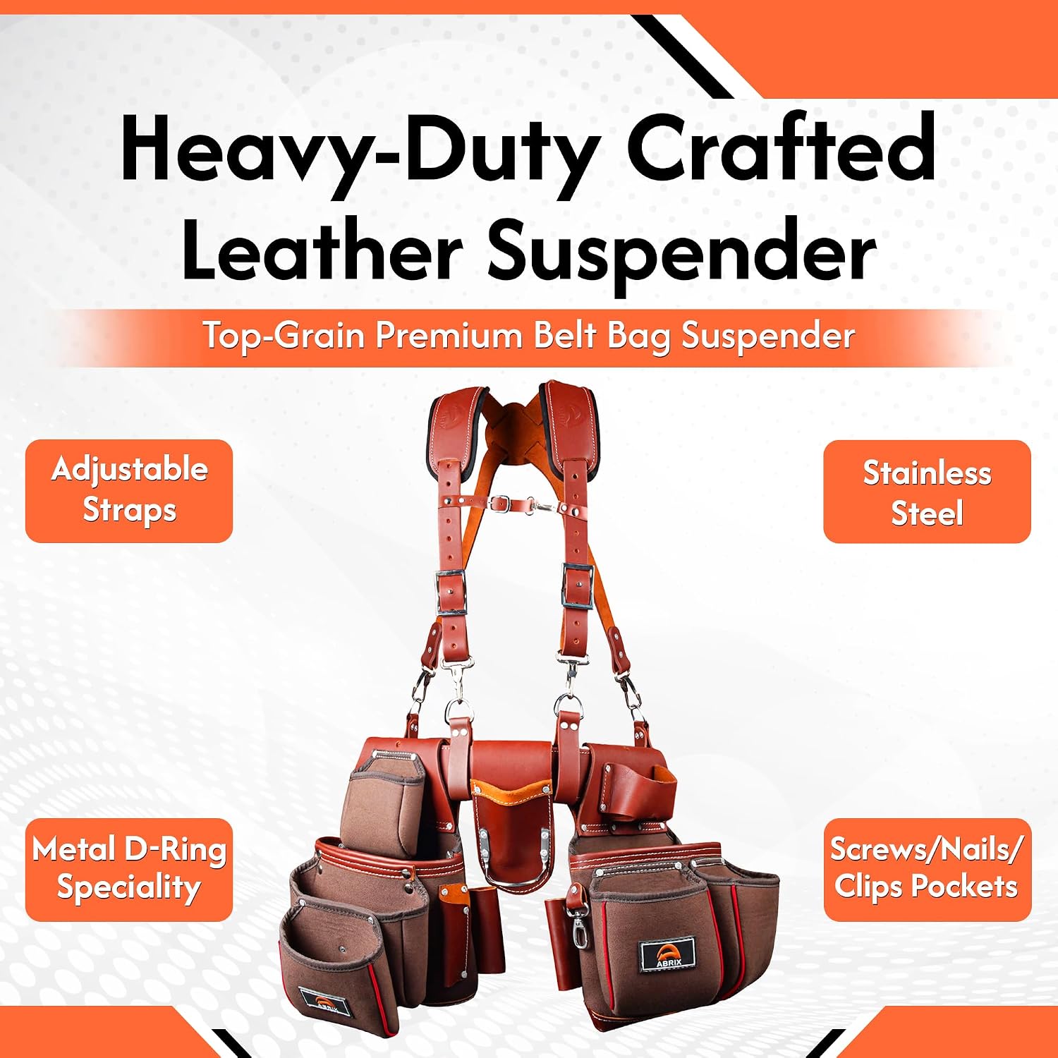 ABRIX Heavy Duty Tool Belt – 4MM Genuine Leather & Ballistic Nylon, Brass Buckle & Rivets, EVA Sheet Reinforced Lining, Foam Padded Comfort Framing Rig & Carpenter Tool Belt with Suspender | 28 Pocket
