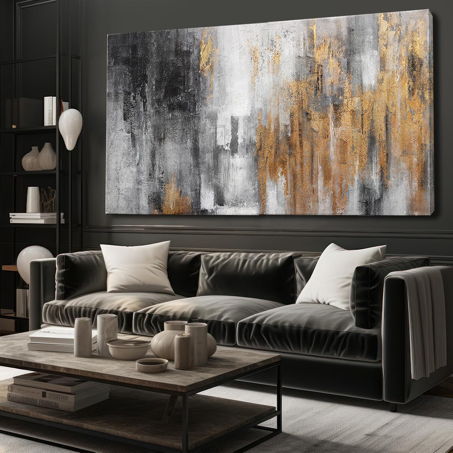 YJYart Abstract Canvas Wall Art with Gold Foil Modern Black Oil Paintings Graffiti Wall Art for Living Room Bedroom Kitchen Office Wall Decorations 30' x 60'