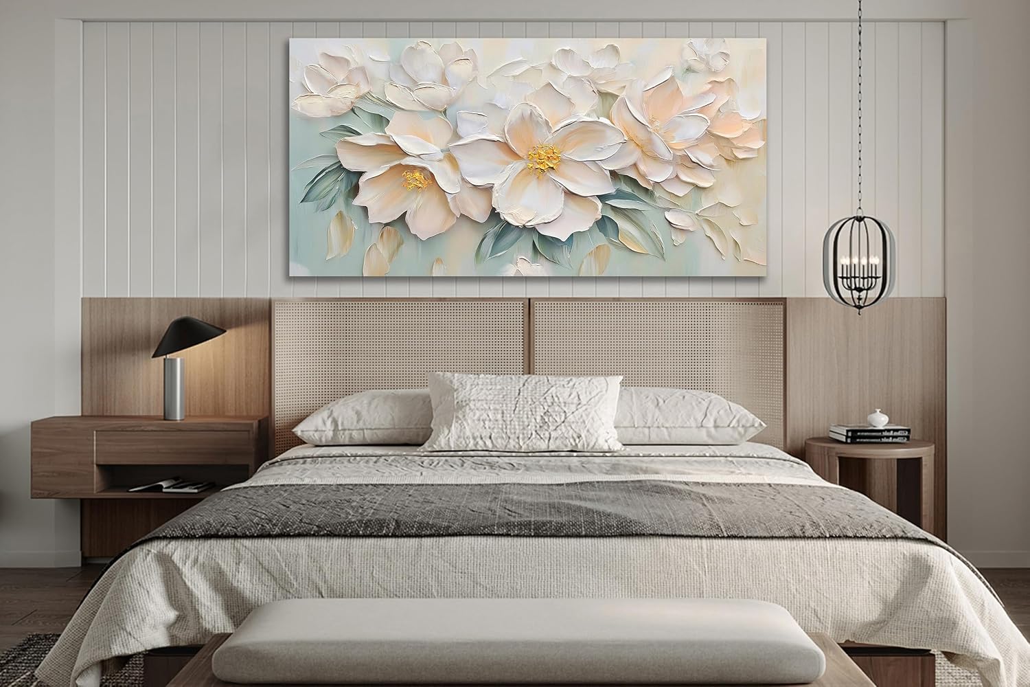 Anolyfi White Textured Flowers Large Canvas Wall Art for Living Room, Modern Aesthetic Sage Florals Painting Wall Decor for Bedroom Dining Room Office Home Decor 58'x29'