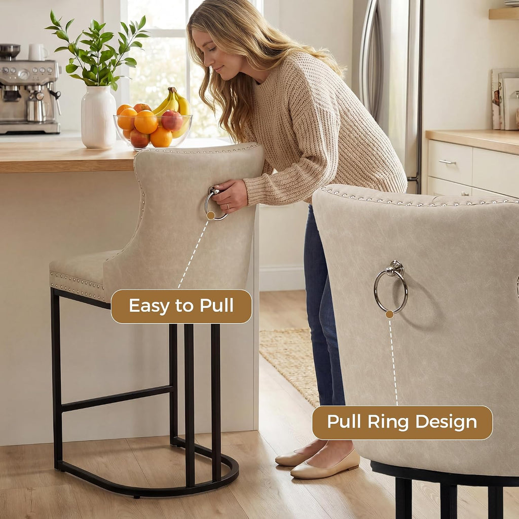 AQO 26 Inch Bar Stools Set of 3, Modern Counter Height Bar Stools with Backs, Upholstered Faux Leather Counter Stools for Kitchen Island, Beige