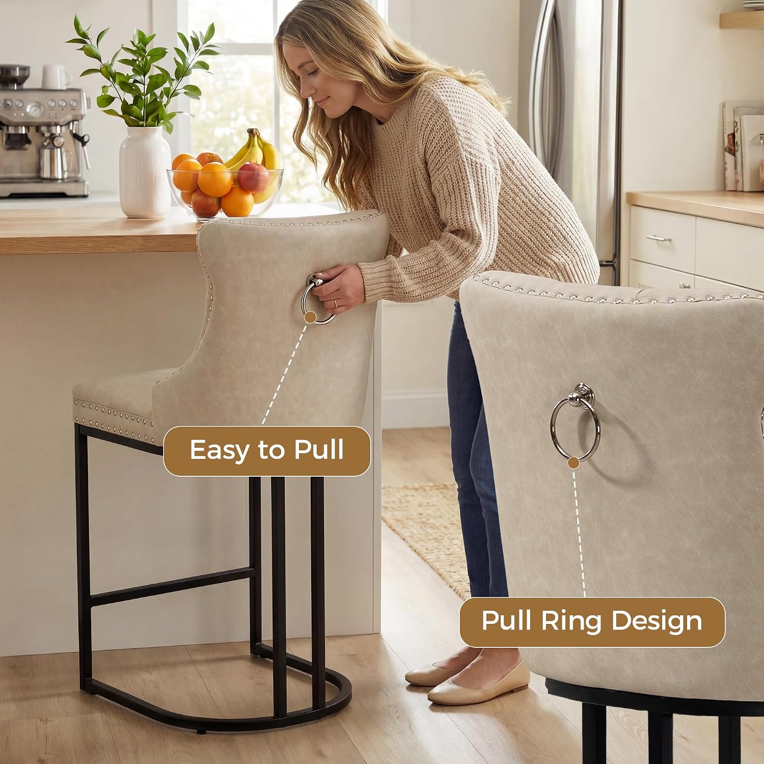 AQO 26 Inch Bar Stools Set of 3, Modern Counter Height Bar Stools with Backs, Upholstered Faux Leather Counter Stools for Kitchen Island, Beige