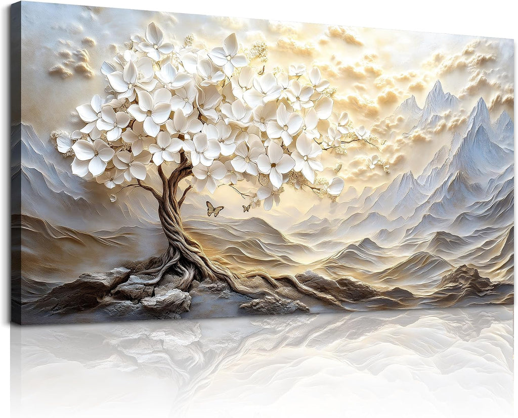 XIGUANGART Large Canvas Wall Art Mountain Landscape Farmhouse Floral Paintings Modern Abstract Artwork for Walls White Tree of Life Pictures for Living Room Bedroom Dining Room Office Home Wall Decor