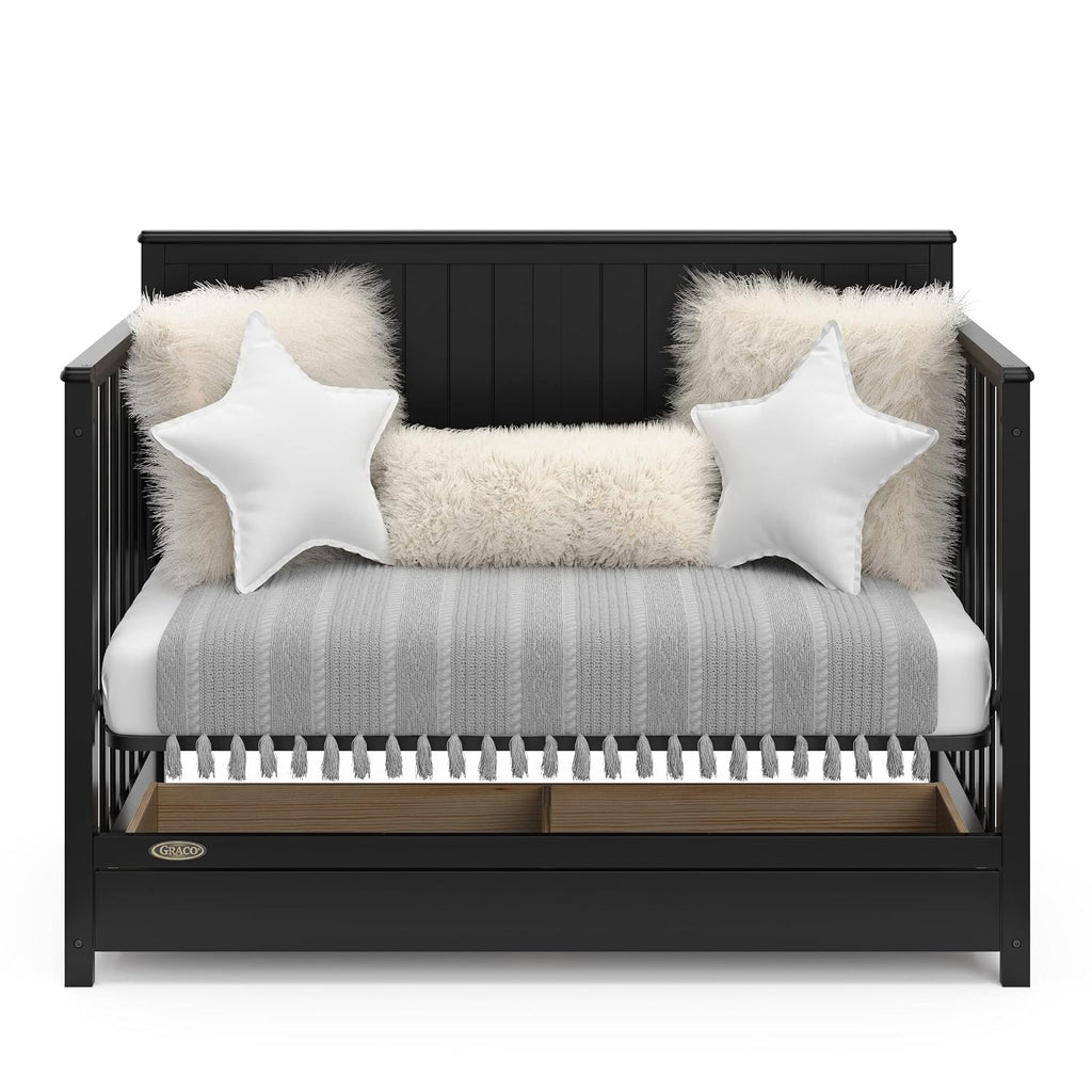 Graco Hadley 5-in-1 Convertible Crib with Drawer – GREENGUARD Gold Certified, Fits Standard Crib Mattress, Converts to Toddler Bed, Daybed and Full Bed, 4 Adjustable Mattress Heights (Black)