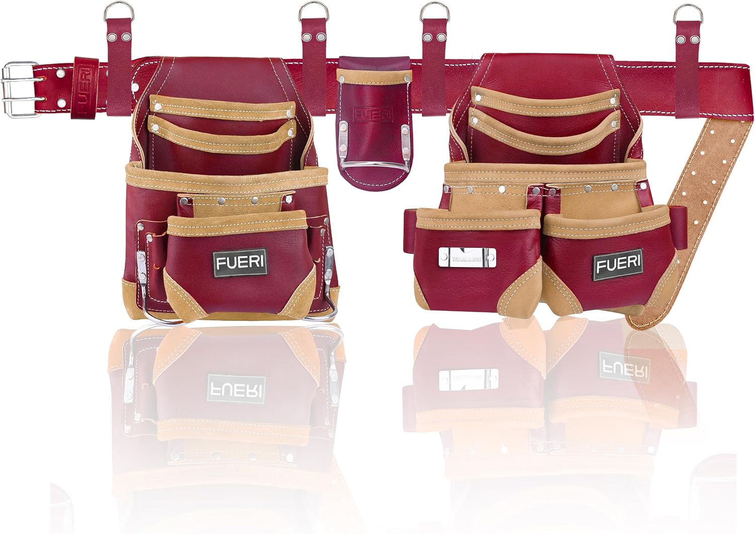 FUERI Leather Tool Belt for Men, 16 Pocket Pro Framing Combo Comes with Heavy Duty Tools Pouches, Triple Hammer holder, Adjustable Padded Belt, and 4 Suspender Loops for Electrician and carpenter's