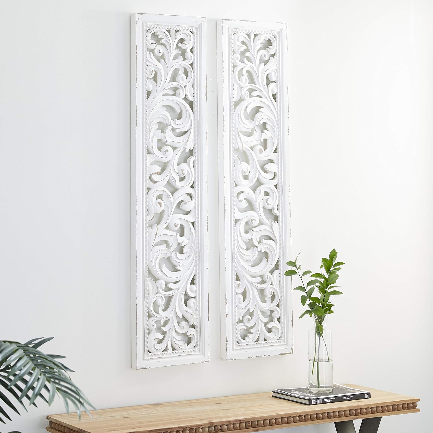 Deco 79 Wood Floral Home Wall Decor Intricately Carved Scroll Wall Sculpture, Set of 2 Wall Art 12'W, 50'H, White