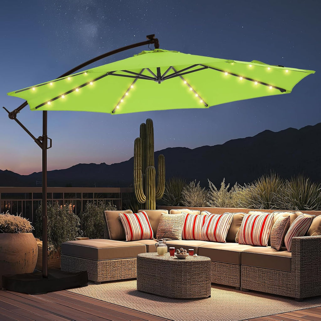 HOMSHADE 10ft Solar Lights Offset Cantilever Patio Umbrella - with Light and Base, LED Lighted Offset Hanging Patio Outdoor Market Umbrella UPF50+ UV Protection with Easy Tilt and Crank (Apple Green)