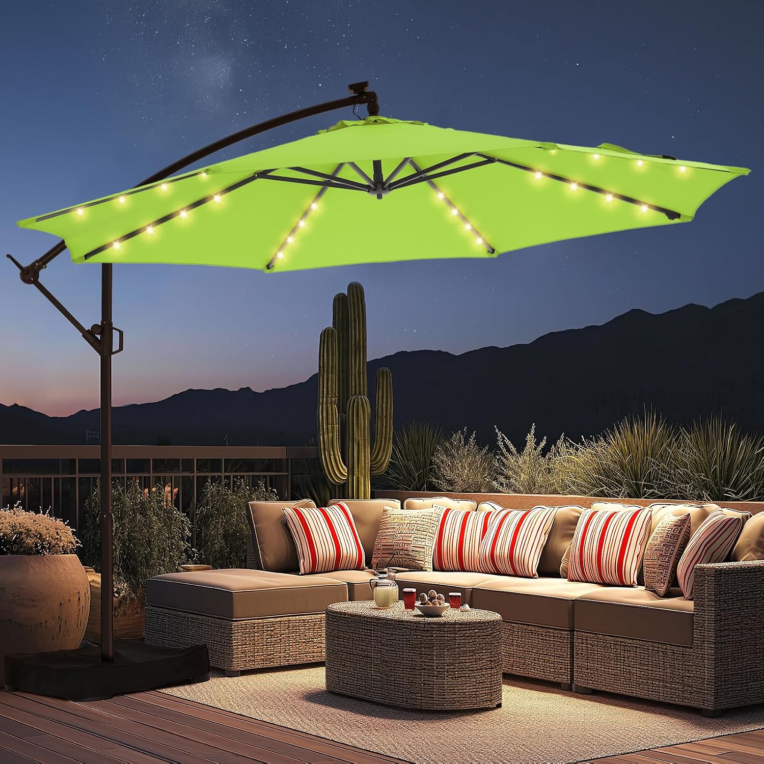 HOMSHADE 10ft Solar Lights Offset Cantilever Patio Umbrella - with Light and Base, LED Lighted Offset Hanging Patio Outdoor Market Umbrella UPF50+ UV Protection with Easy Tilt and Crank (Apple Green)